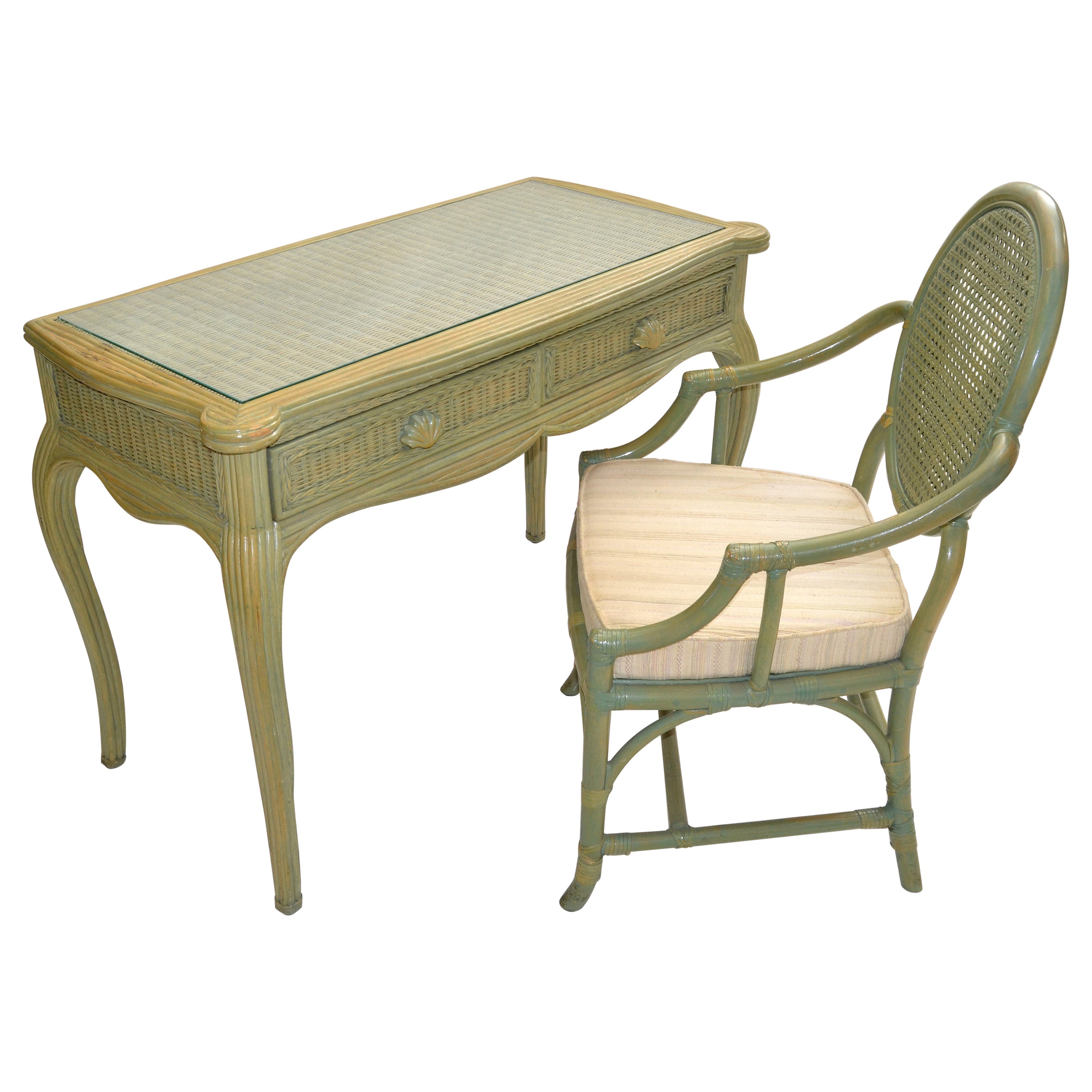 Hollywood Regency Whitecraft Desk, Vanity & Armchair Green Finish American, 1970