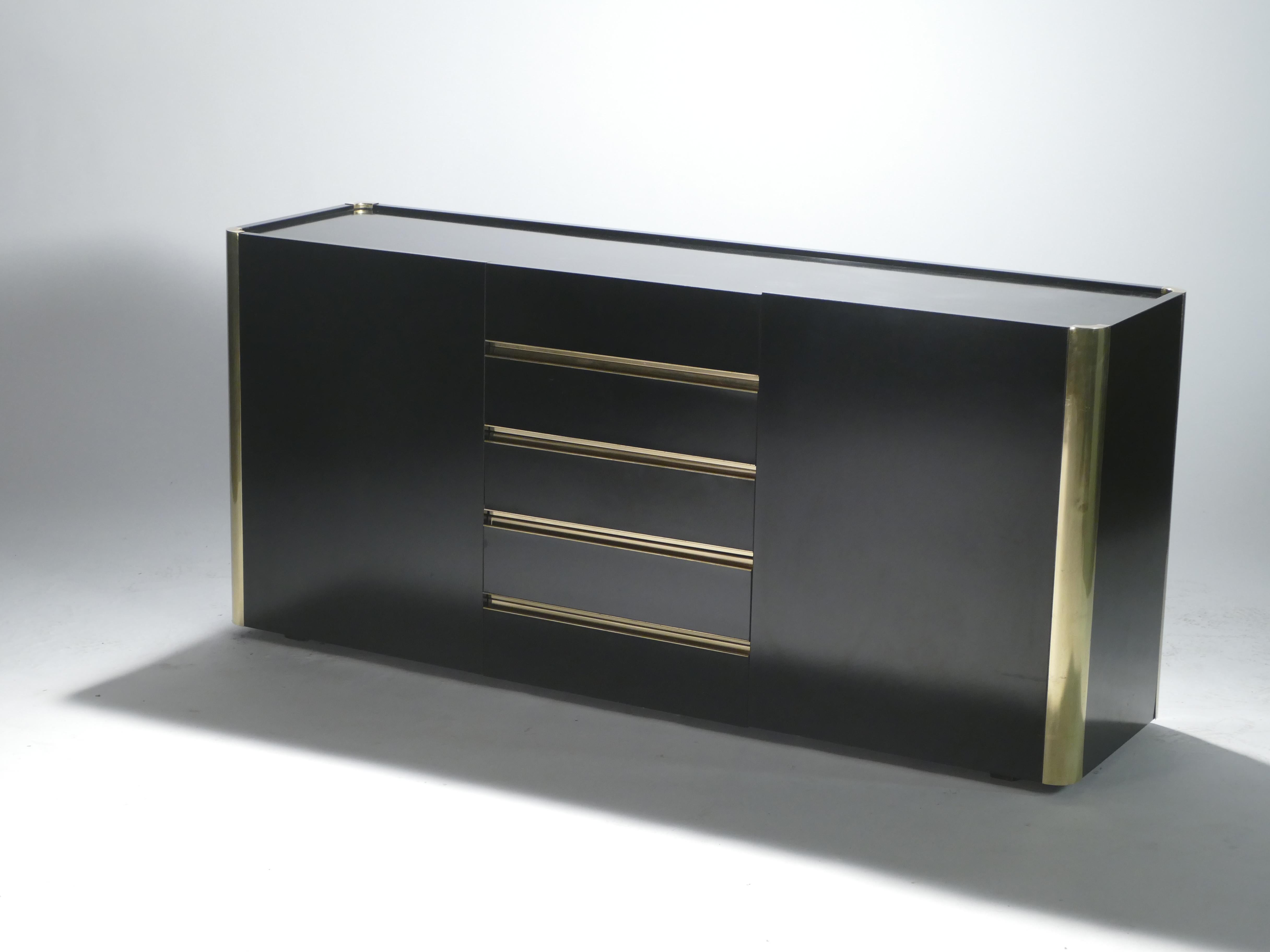 Hollywood Regency Willy Rizzo Brass Black Lacquer Sideboard Commode, 1970s 6