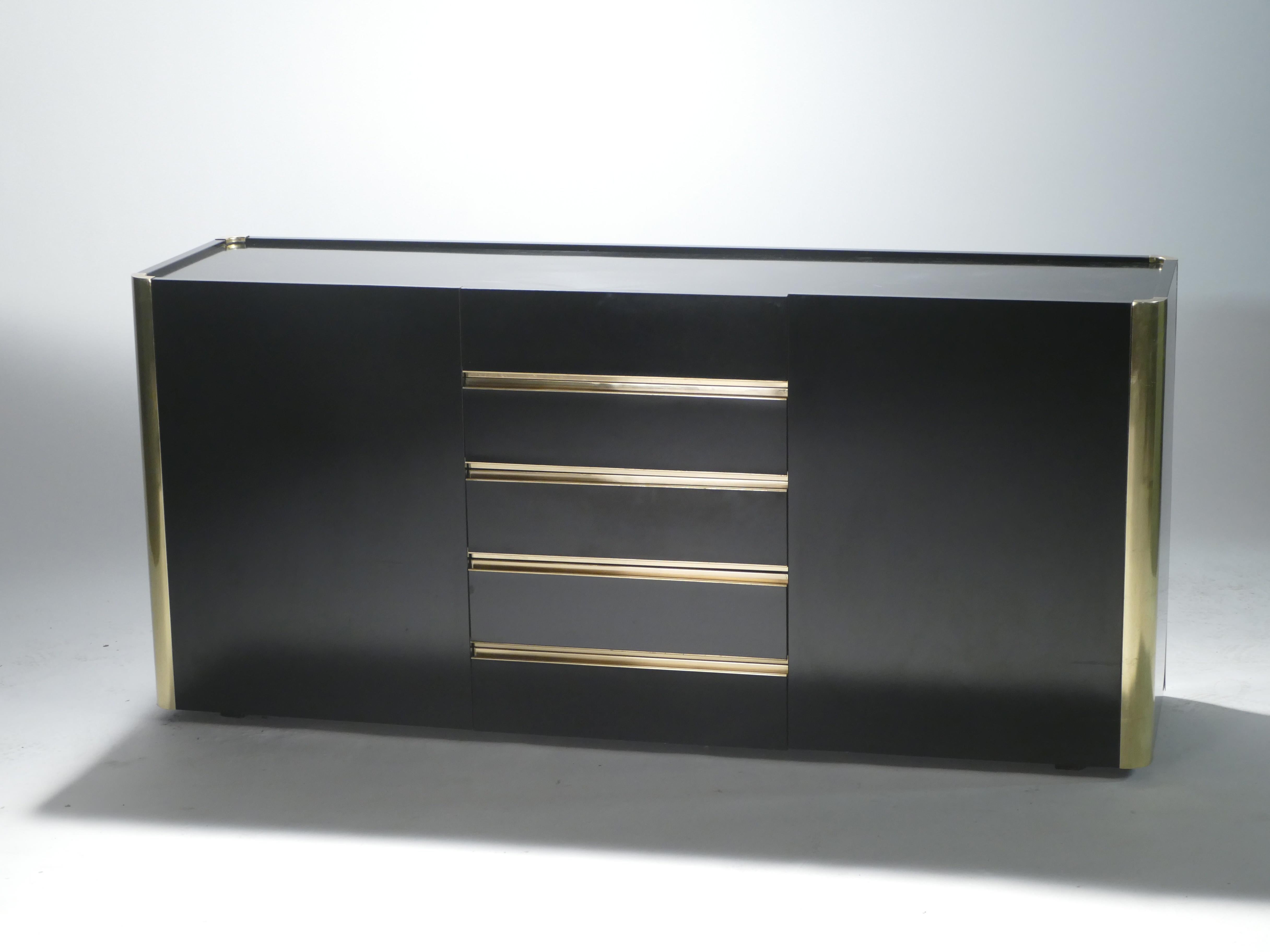 Late 20th Century Hollywood Regency Willy Rizzo Brass Black Lacquer Sideboard Commode, 1970s