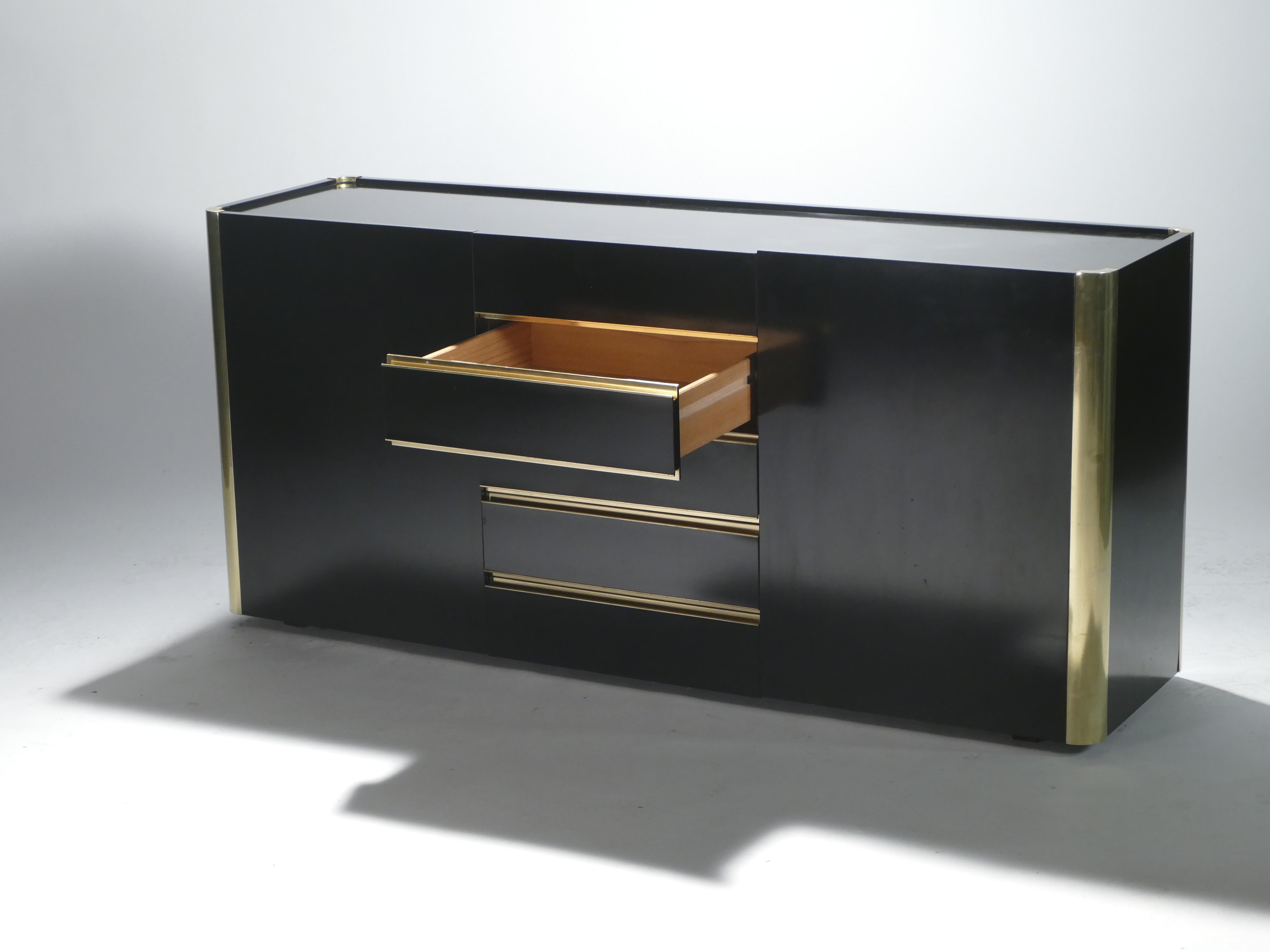 Hollywood Regency Willy Rizzo Brass Black Lacquer Sideboard Commode, 1970s 1