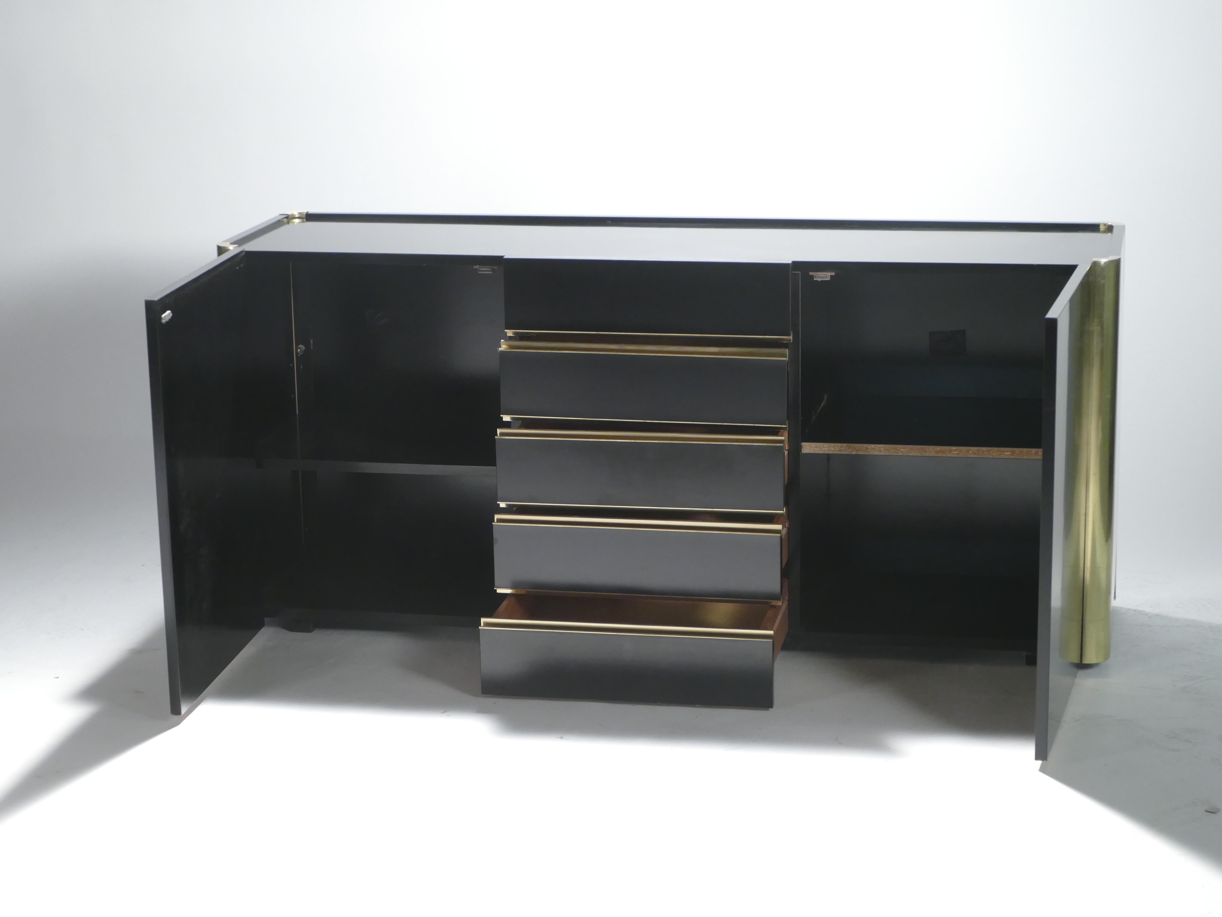 Hollywood Regency Willy Rizzo Brass Black Lacquer Sideboard Commode, 1970s 2