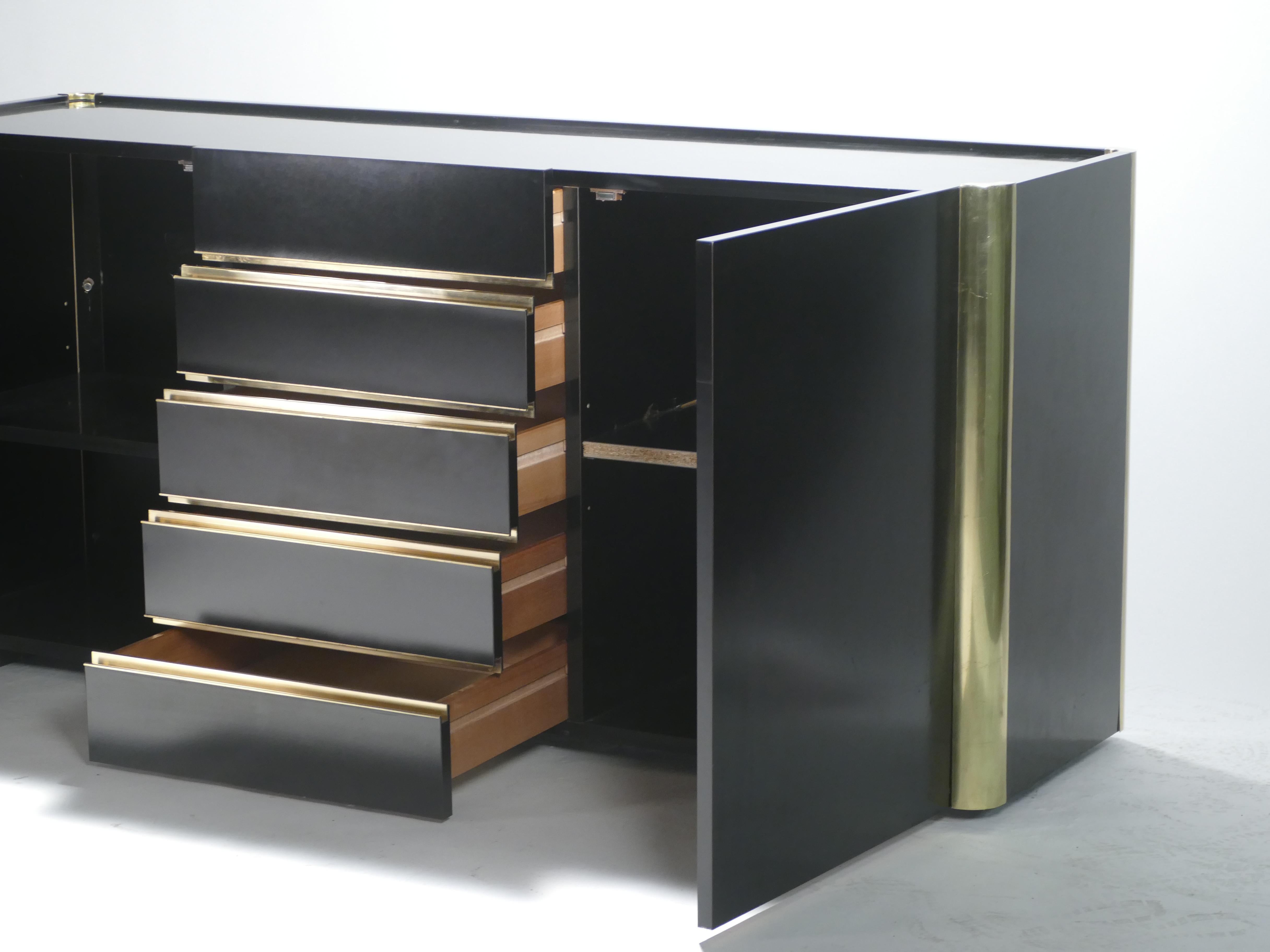 Hollywood Regency Willy Rizzo Brass Black Lacquer Sideboard Commode, 1970s 3