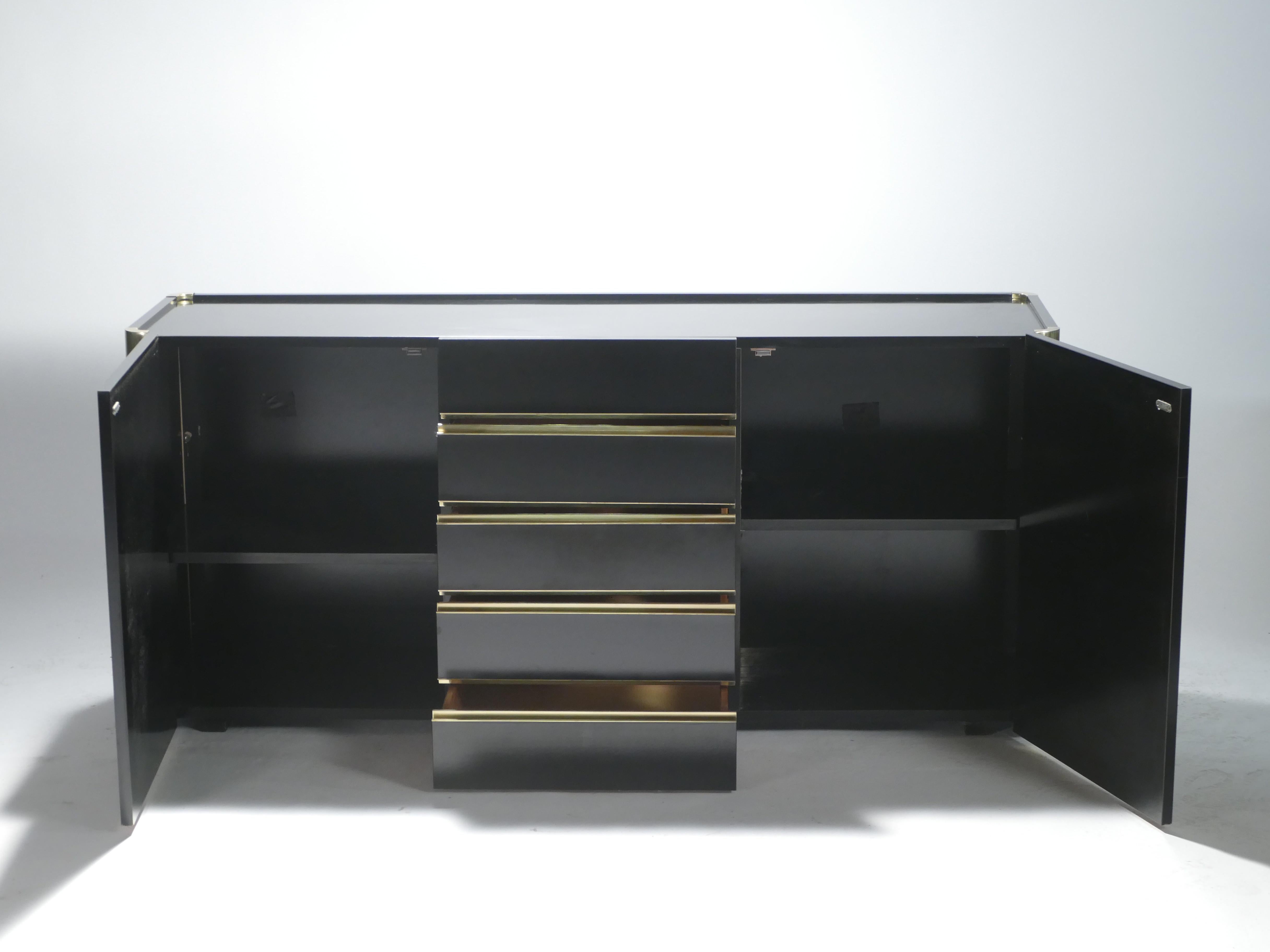 Hollywood Regency Willy Rizzo Brass Black Lacquer Sideboard Commode, 1970s 4