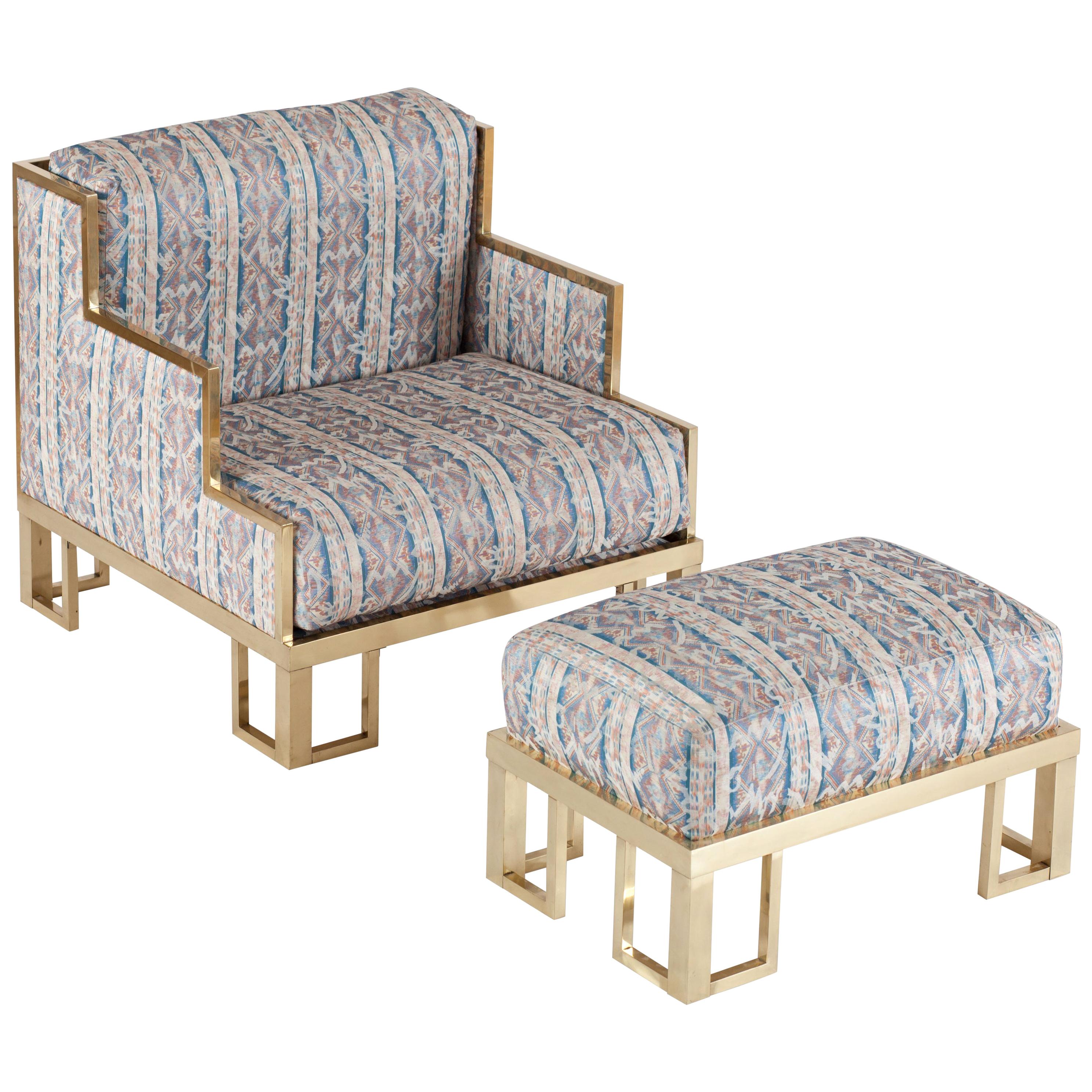 Hollywood Regency Willy Rizzo Lounge Chair and Ottoman with Brass Frame