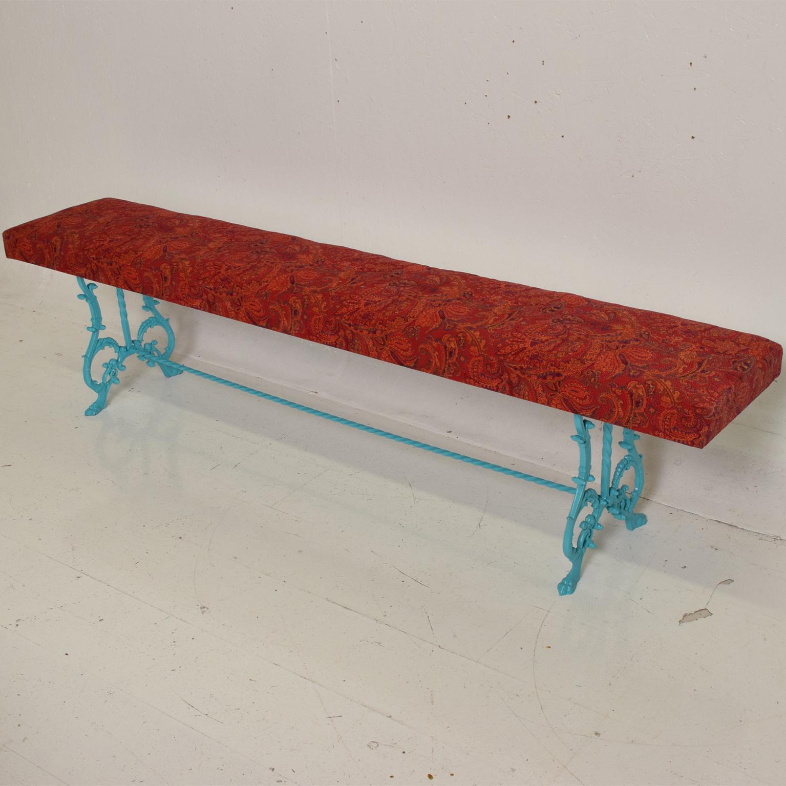 Hollywood Regency 1970s Scrolled Wrought Iron Bench New Paisley Upholstery