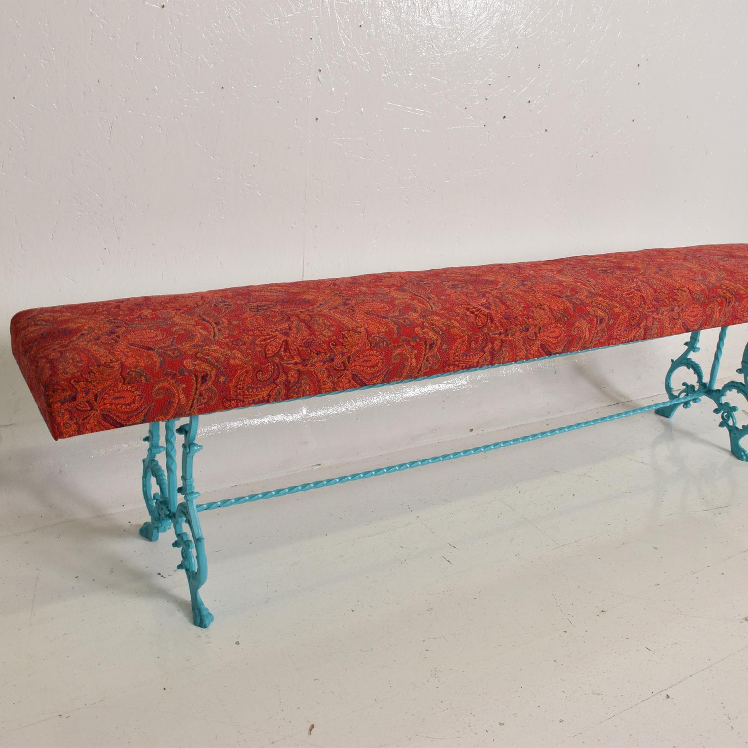 Late 20th Century 1970s Scrolled Wrought Iron Bench New Paisley Upholstery