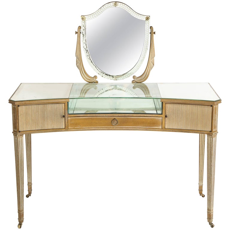 Hollywood Regency Wood and Mirrored Vanity with Upholstered Bench at