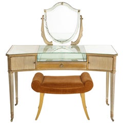 Vintage Hollywood Regency Wood and Mirrored Vanity  with Upholstered Bench