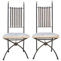 Hollywood Regency Wood Ball Abacus Wrought Iron Curule Dining Chairs - Set of 4