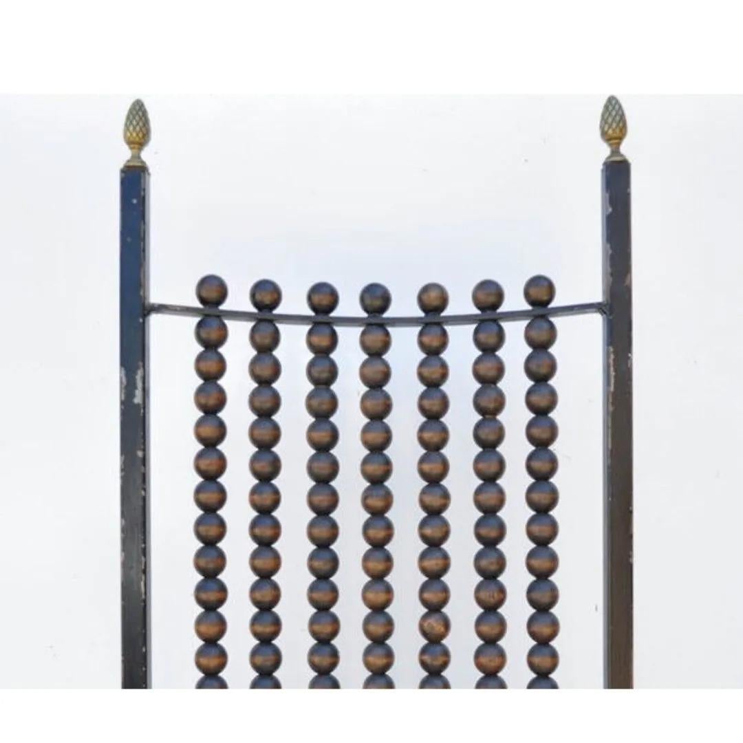 Hollywood Regency Wood Ball Abacus Wrought Iron Curule Dining Chairs - Set of 4 In Good Condition For Sale In Philadelphia, PA