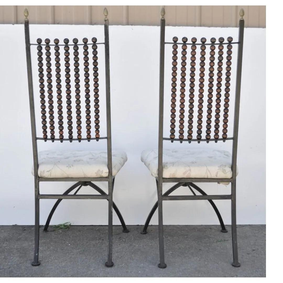 20th Century Hollywood Regency Wood Ball Abacus Wrought Iron Curule Dining Chairs - Set of 4 For Sale