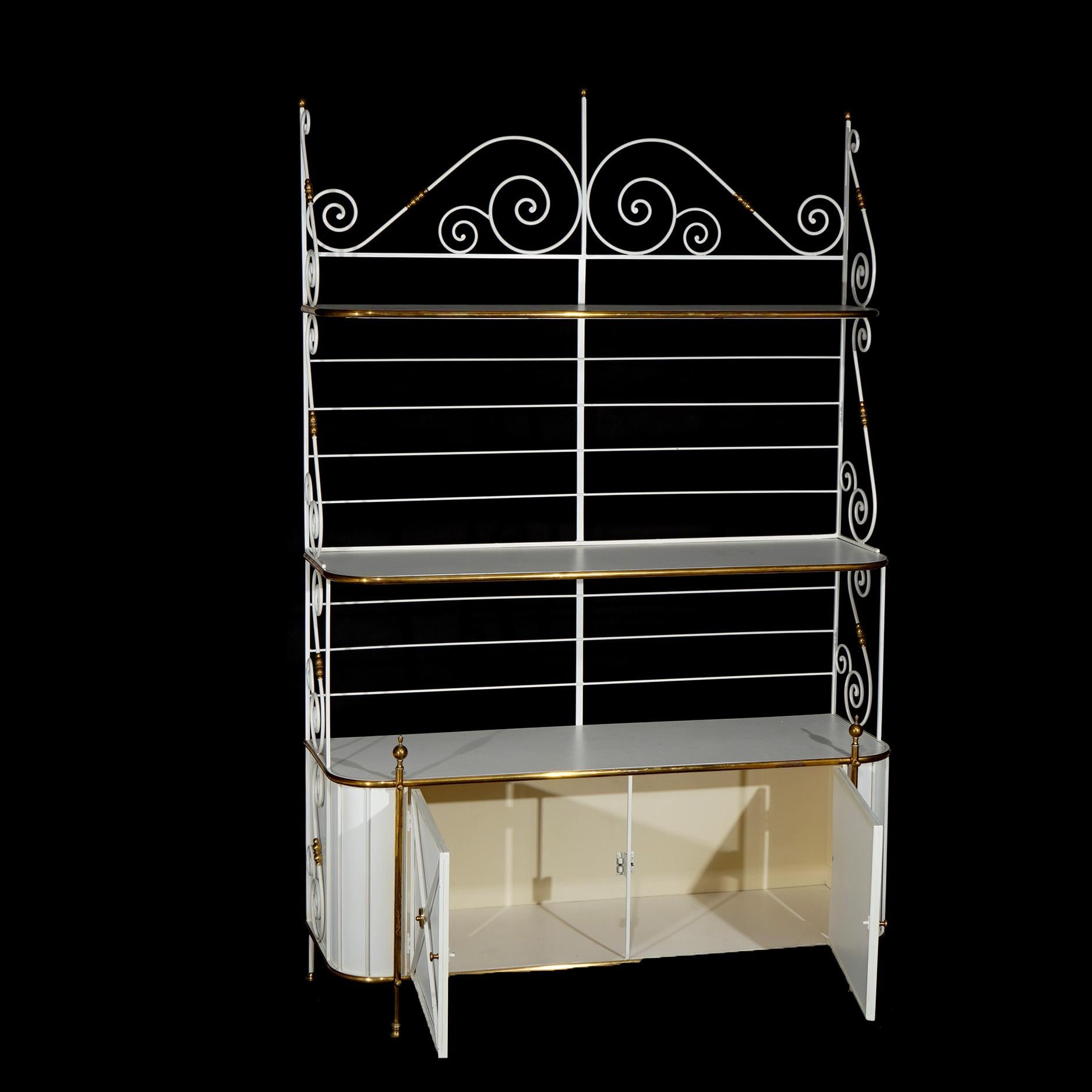 Hollywood Regency Wood & Scrolled Brass Bakers Rack with Shelved Upper and Lower with Cabinets, 20thC

Measures- 94''H x 60.25''W x 21.75''D