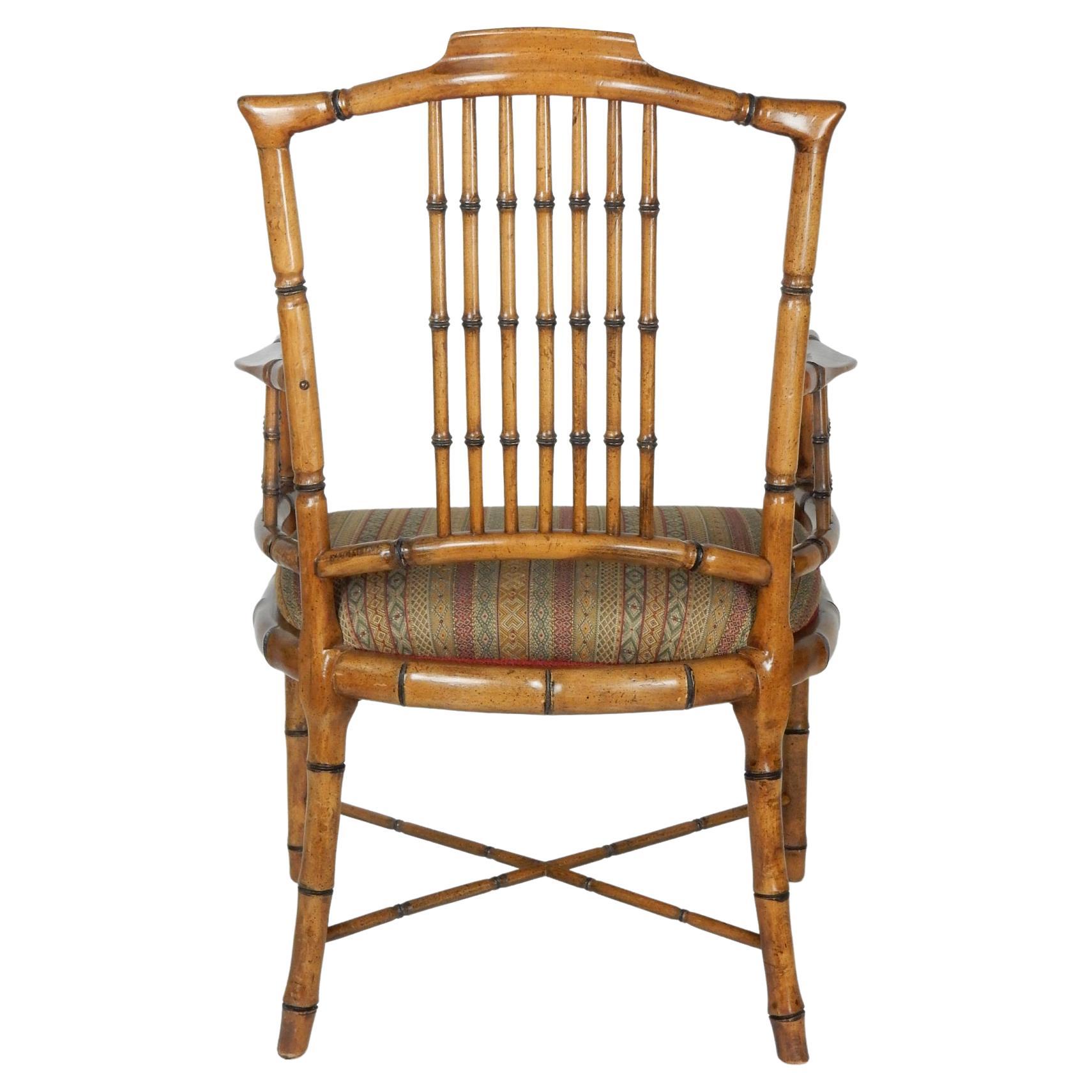 American Hollywood Regency Wood Faux Bamboo Arm Chairs by Baker