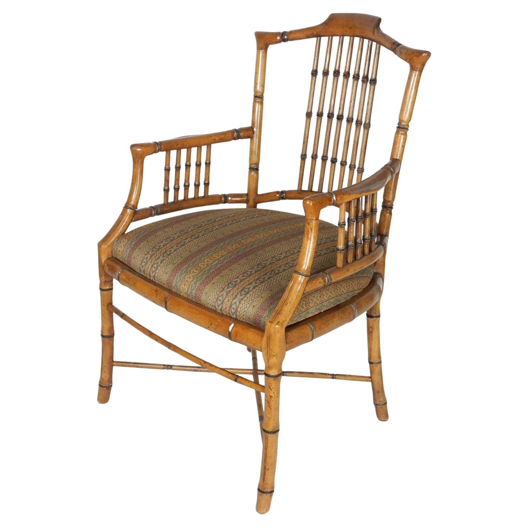 Hollywood Regency Wood Faux Bamboo Arm Chairs by Baker In Fair Condition In Las Vegas, NV