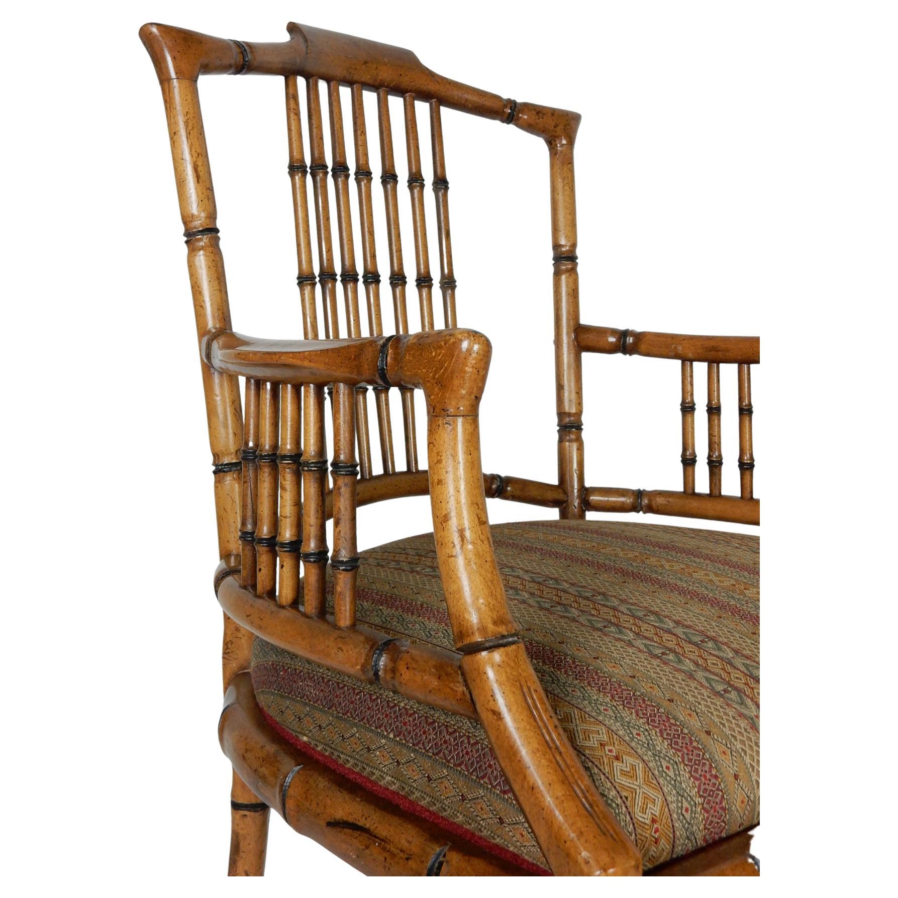 Upholstery Hollywood Regency Wood Faux Bamboo Arm Chairs by Baker