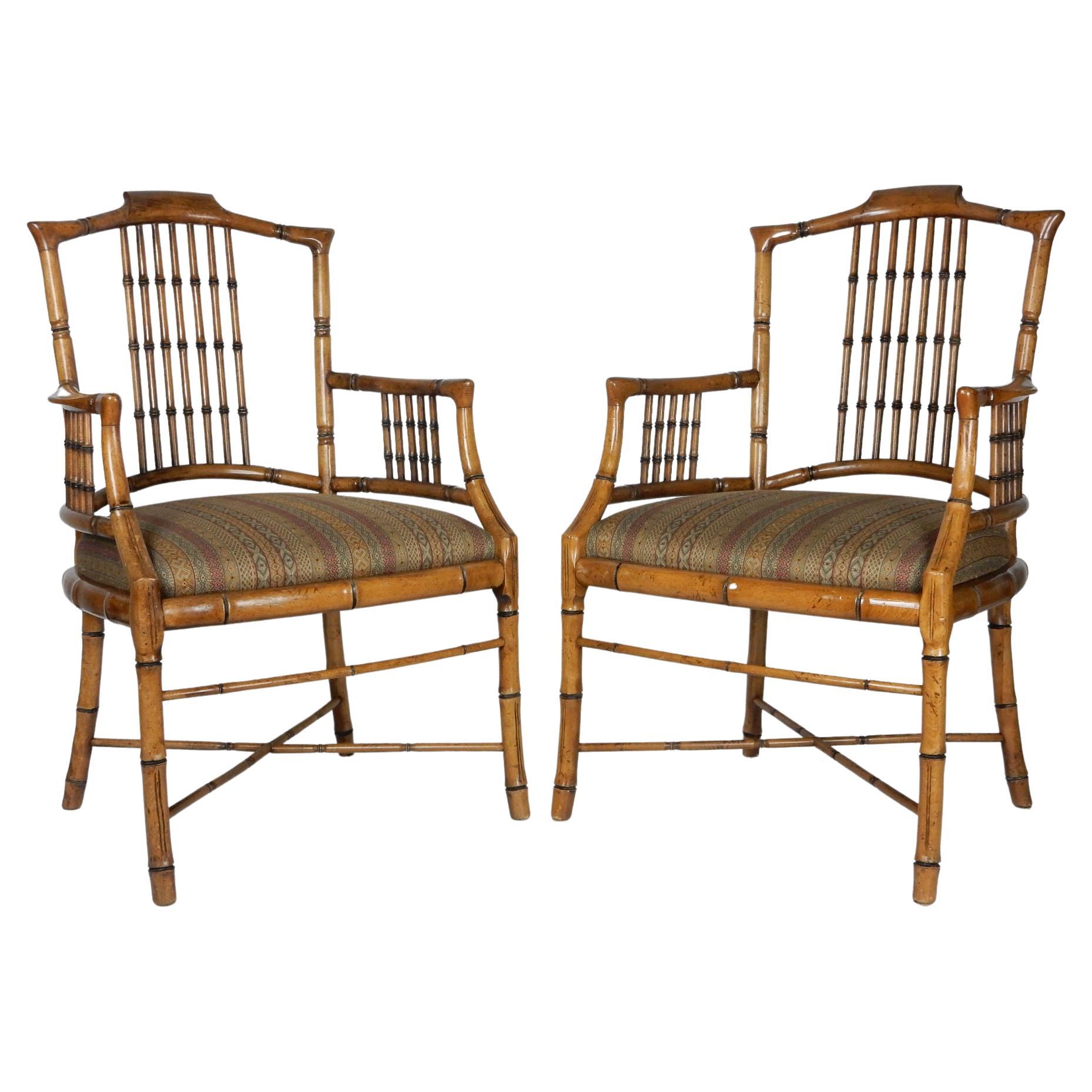 Hollywood Regency Wood Faux Bamboo Arm Chairs by Baker 2