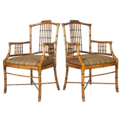 Retro Hollywood Regency Wood Faux Bamboo Arm Chairs by Baker