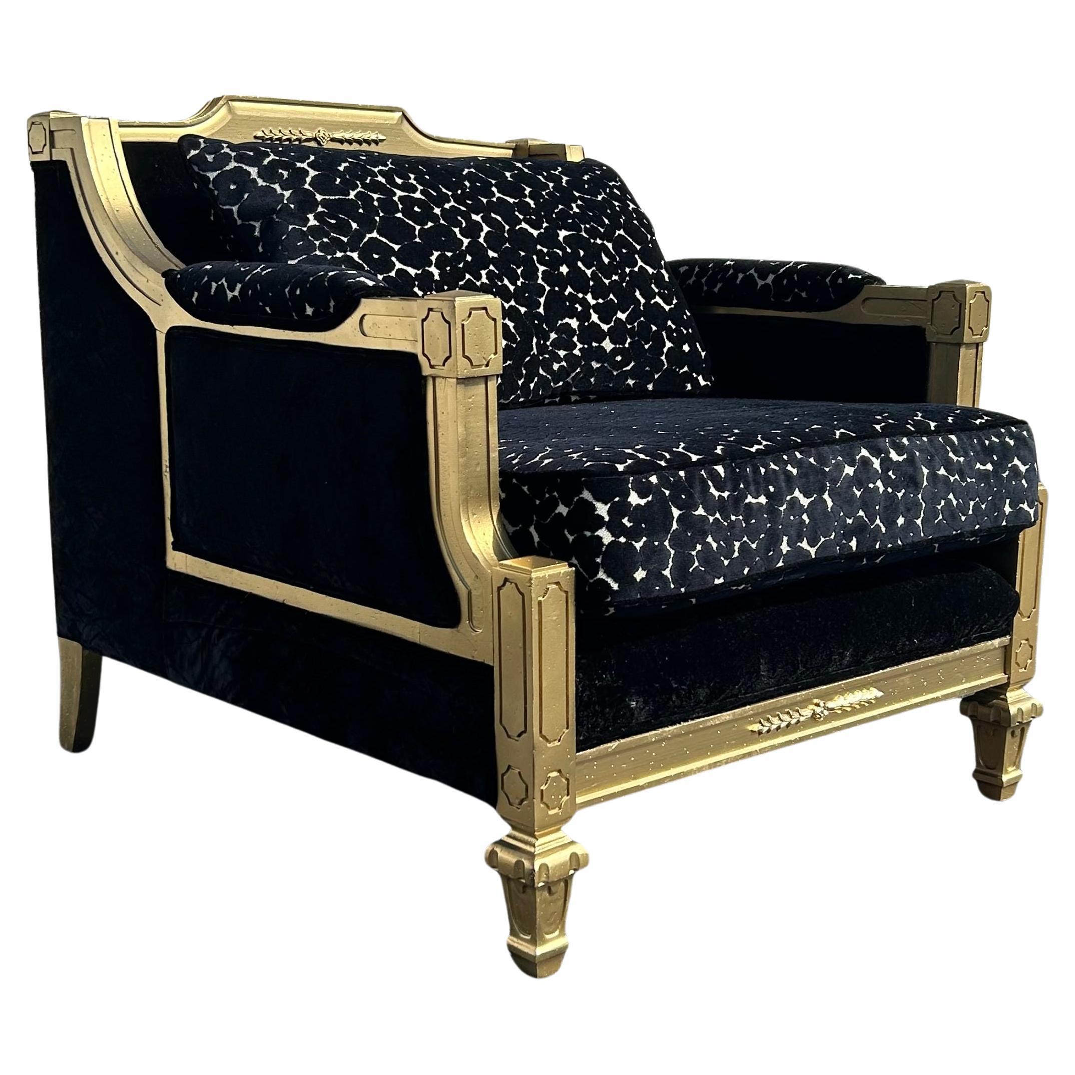 Hollywood Regency Wood-Framed Armchair in Black Velvet and Gold For Sale
