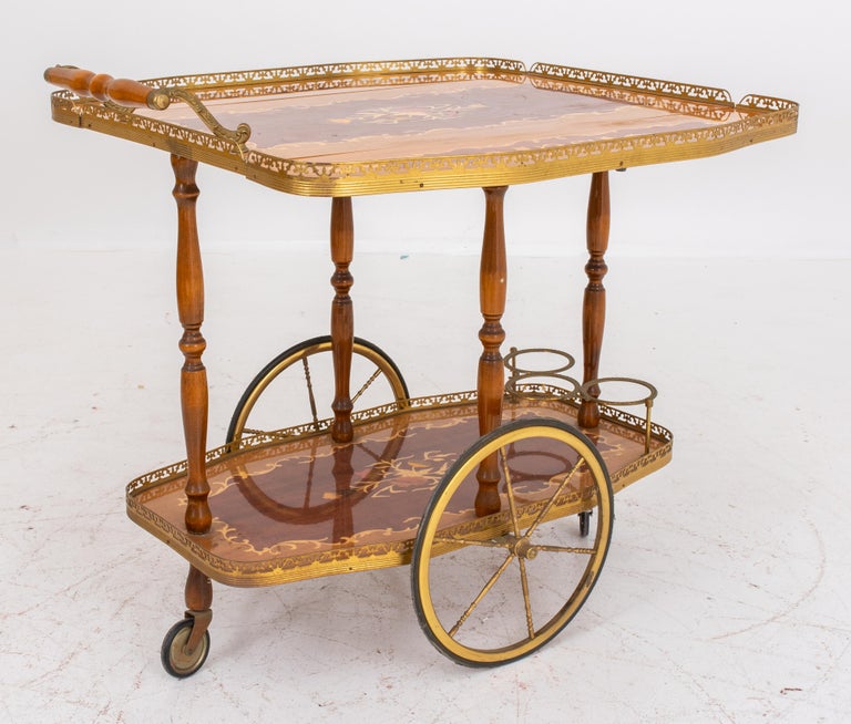 Hollywood Regency Wood Inlaid Bar Cart For Sale 1