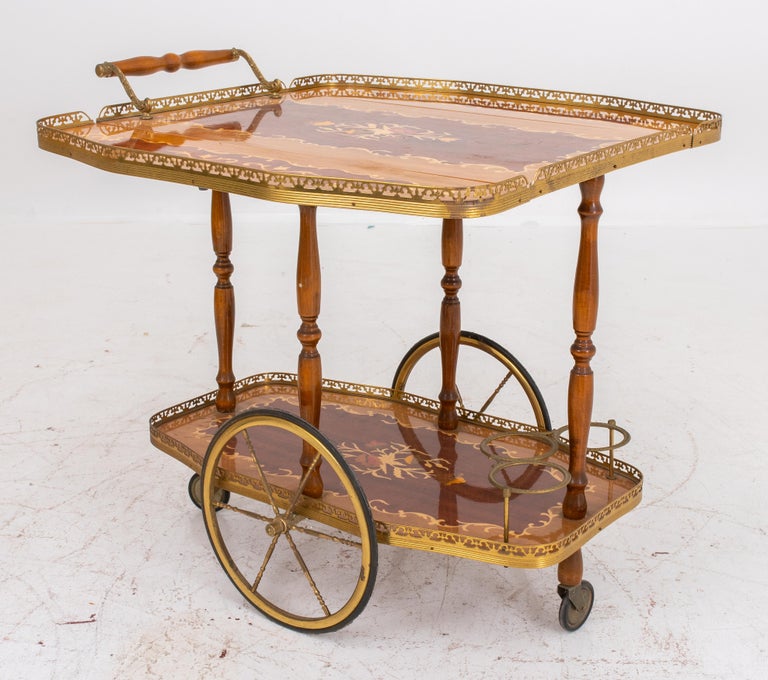 Hollywood Regency Wood Inlaid Bar Cart For Sale 3