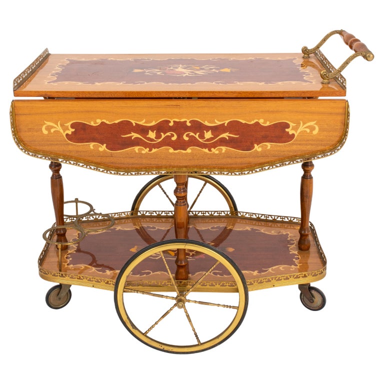 Hollywood Regency Wood Inlaid Bar Cart For Sale