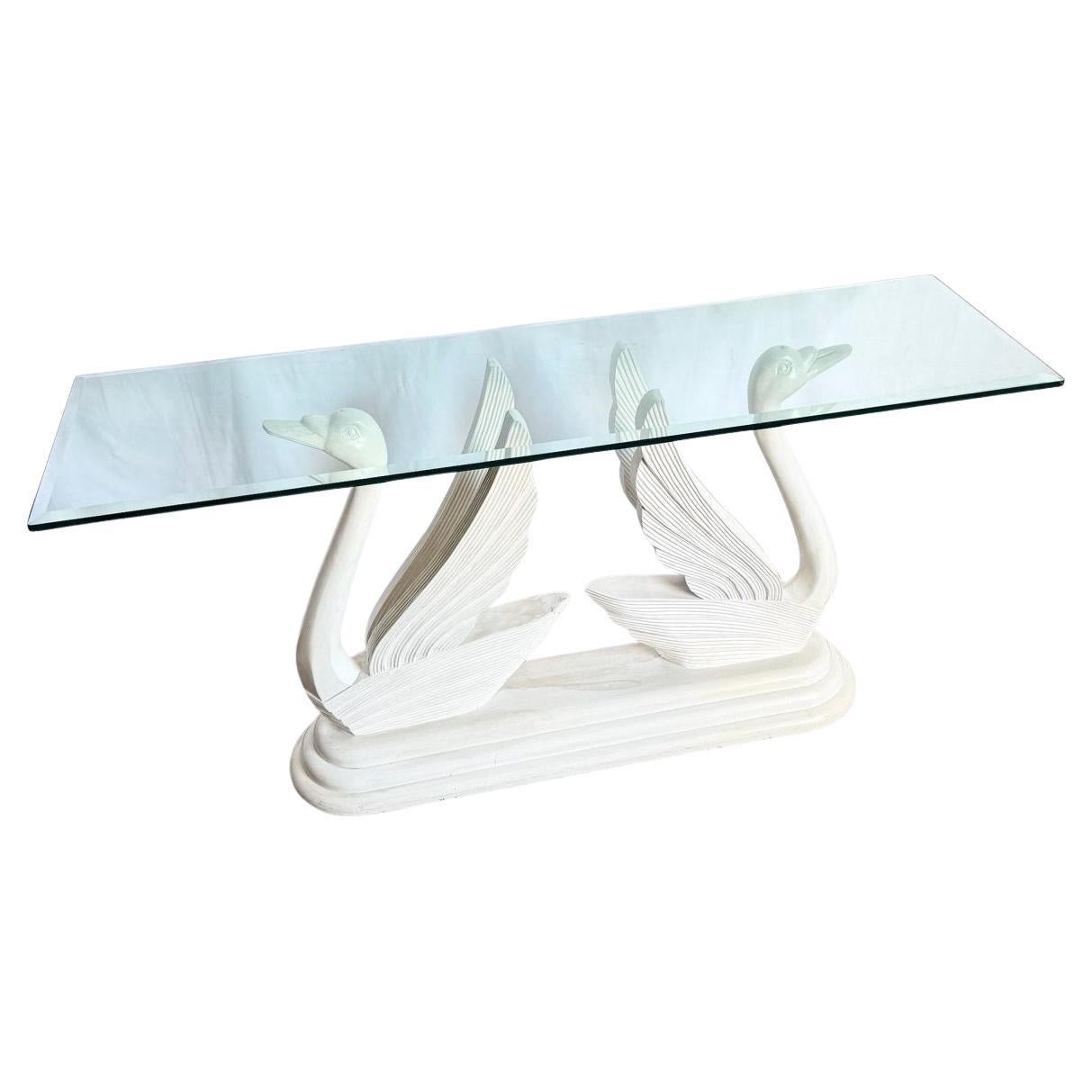 Hollywood Regency Wooden Swan Glass Top Console Table For Sale