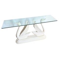 Hollywood Regency Wooden Swan Glass Top Console Table