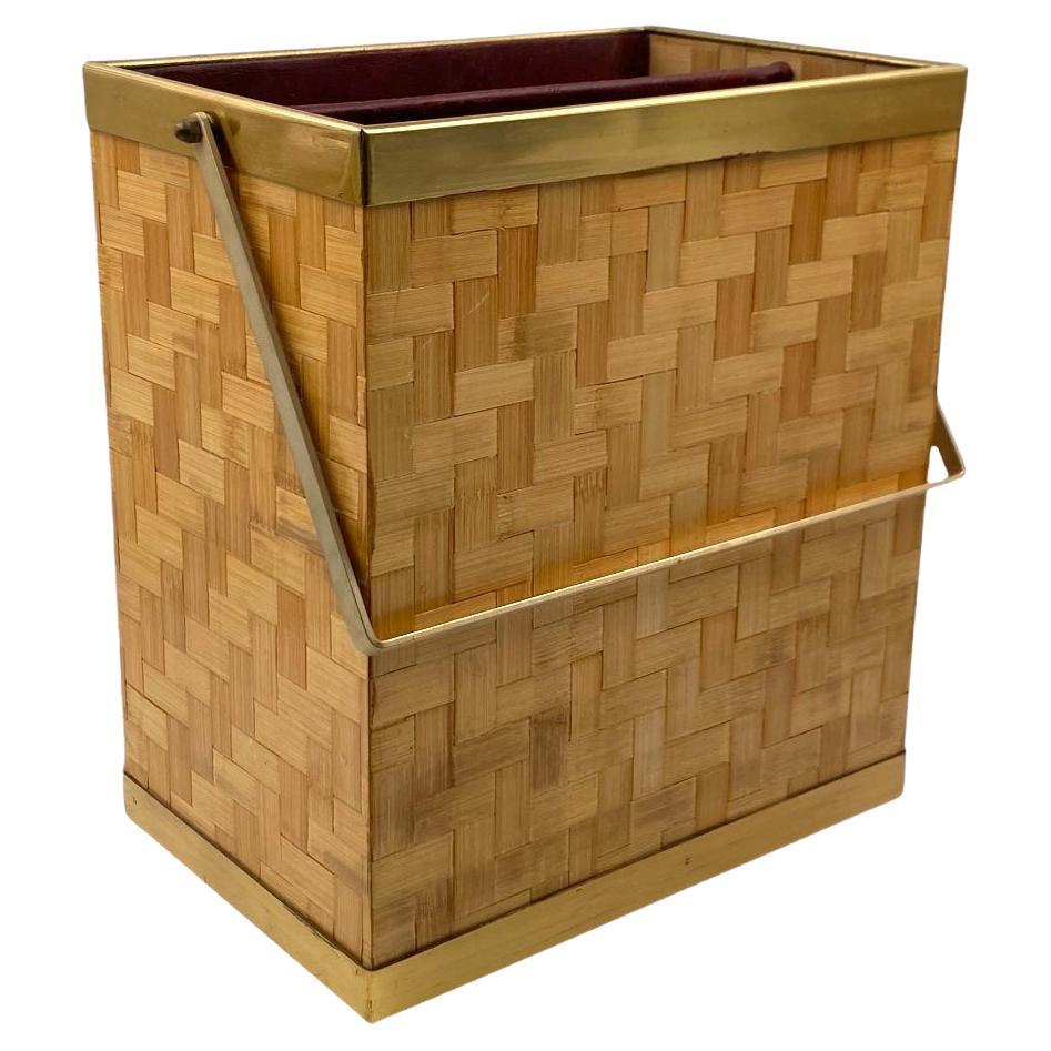Hollywood regency woven bamboo magazine rack, Metal Linea Nova Italy 1970s