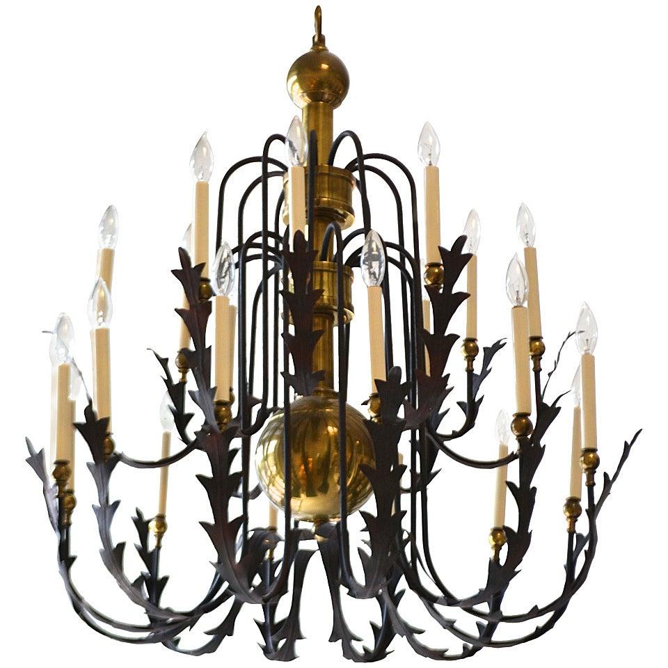 Hollywood Regency Wrought Iron and Brass Chandelier