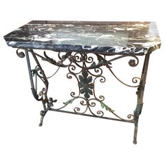 Hollywood Regency Wrought Iron and Portoro Marble Console Table