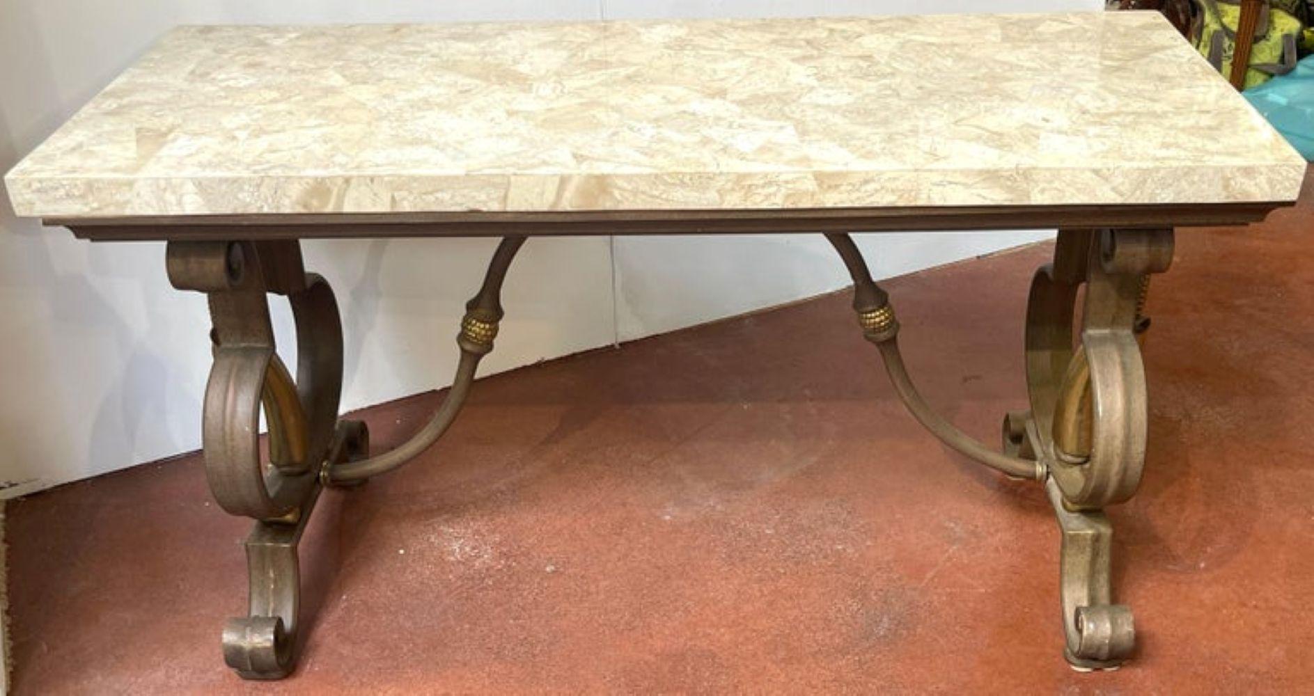 Brass Hollywood Regency Wrought Iron and Tessellated Stone Console For Sale