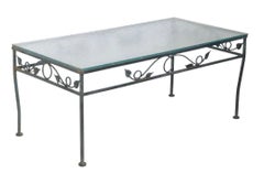 Hollywood Regency Wrought Iron and Textured Glass Garden Patio Coffee Table