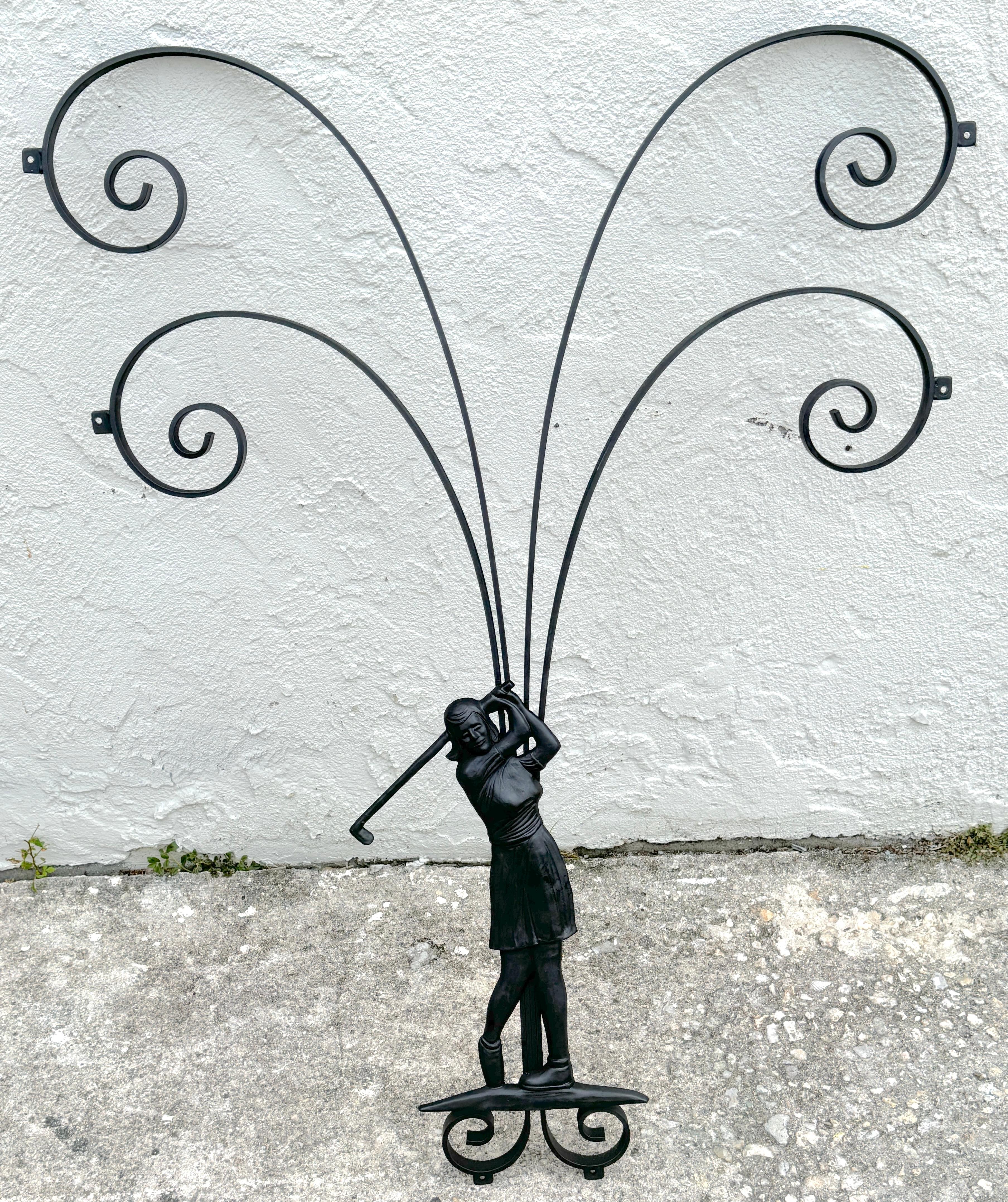 Hollywood Regency Wrought Iron Lady Golfer Exterior/Interior Wall Sculpture For Sale 2