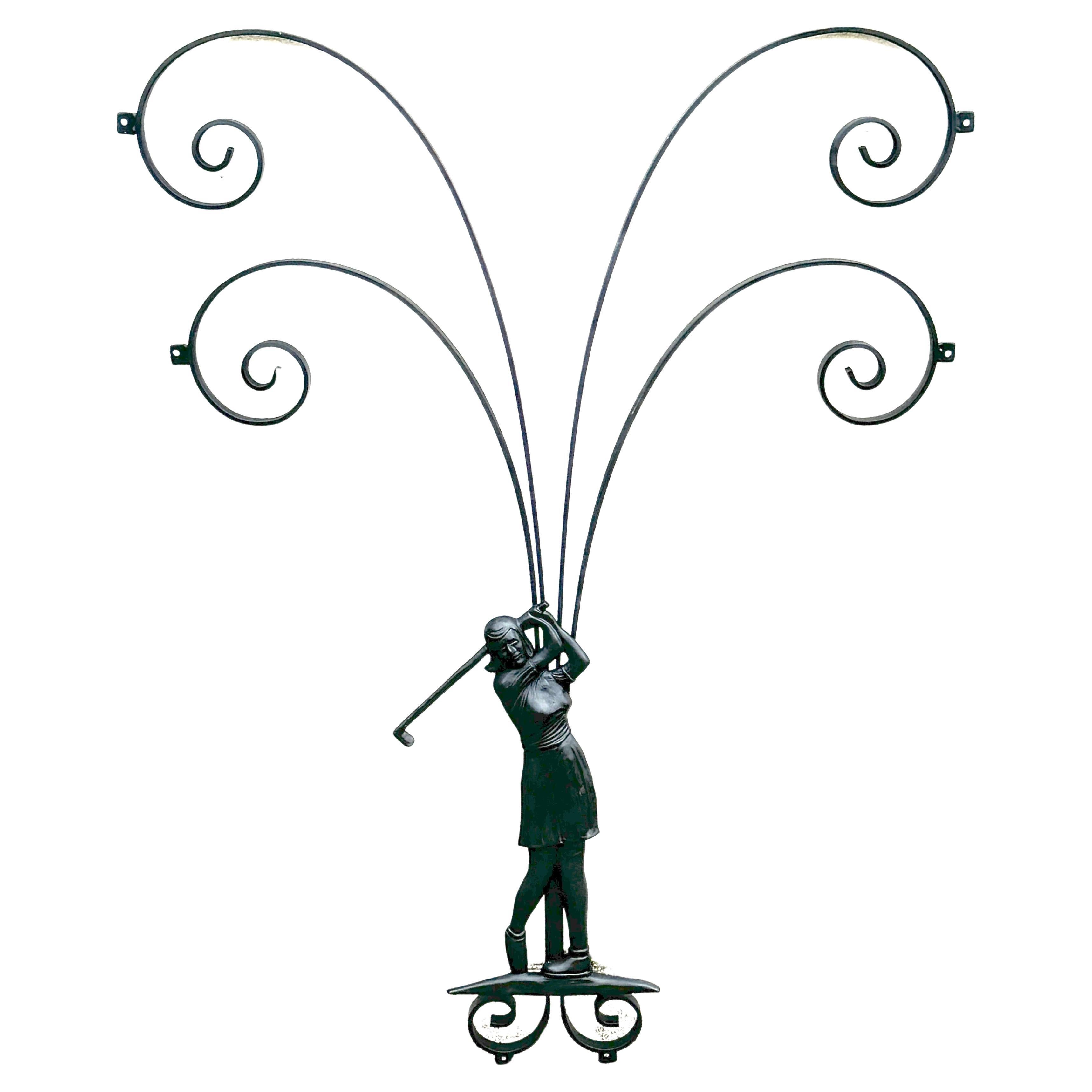 Hollywood Regency Wrought Iron Lady Golfer Exterior/Interior Wall Sculpture