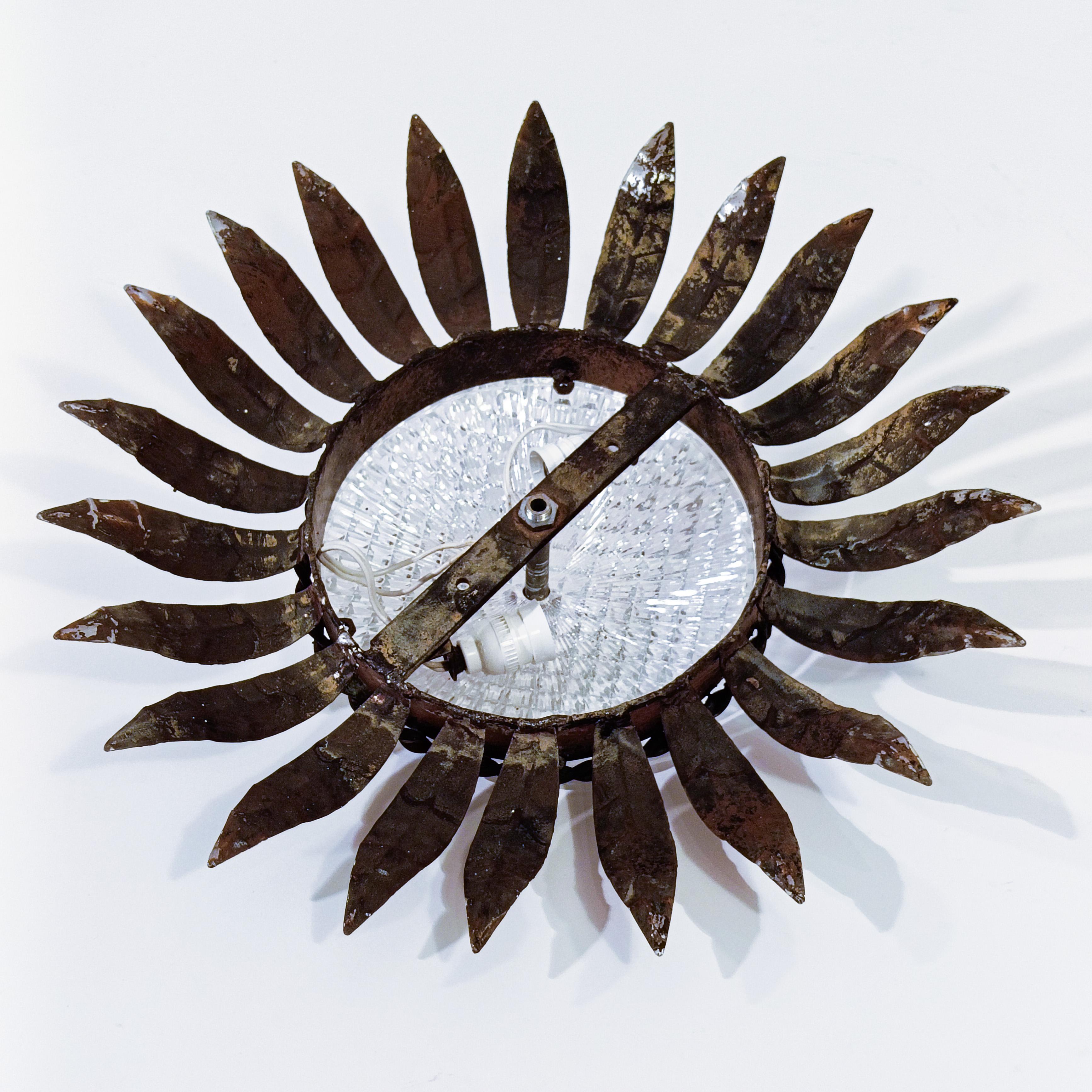Hollywood Regency. Wrought iron Sunburst flush mount by Ferro Art, Spain, 1950s For Sale 7