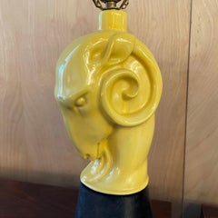 Hollywood Regency Yellow Ceramic Ram's Head Table Lamp