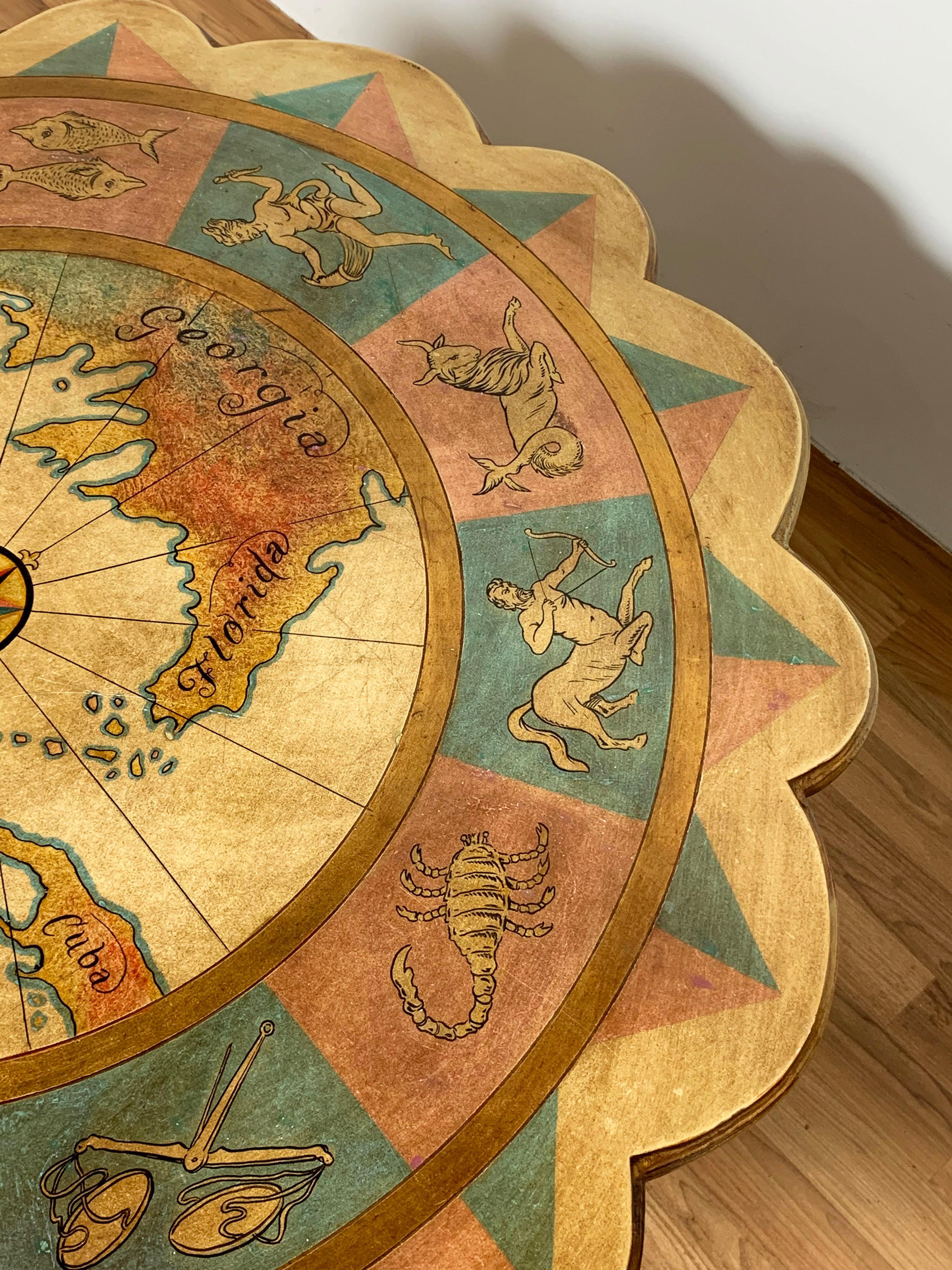 Italian Hollywood Regency Zodiac Themed Coffee Table on Gilt Metal Base, Circa 1960s