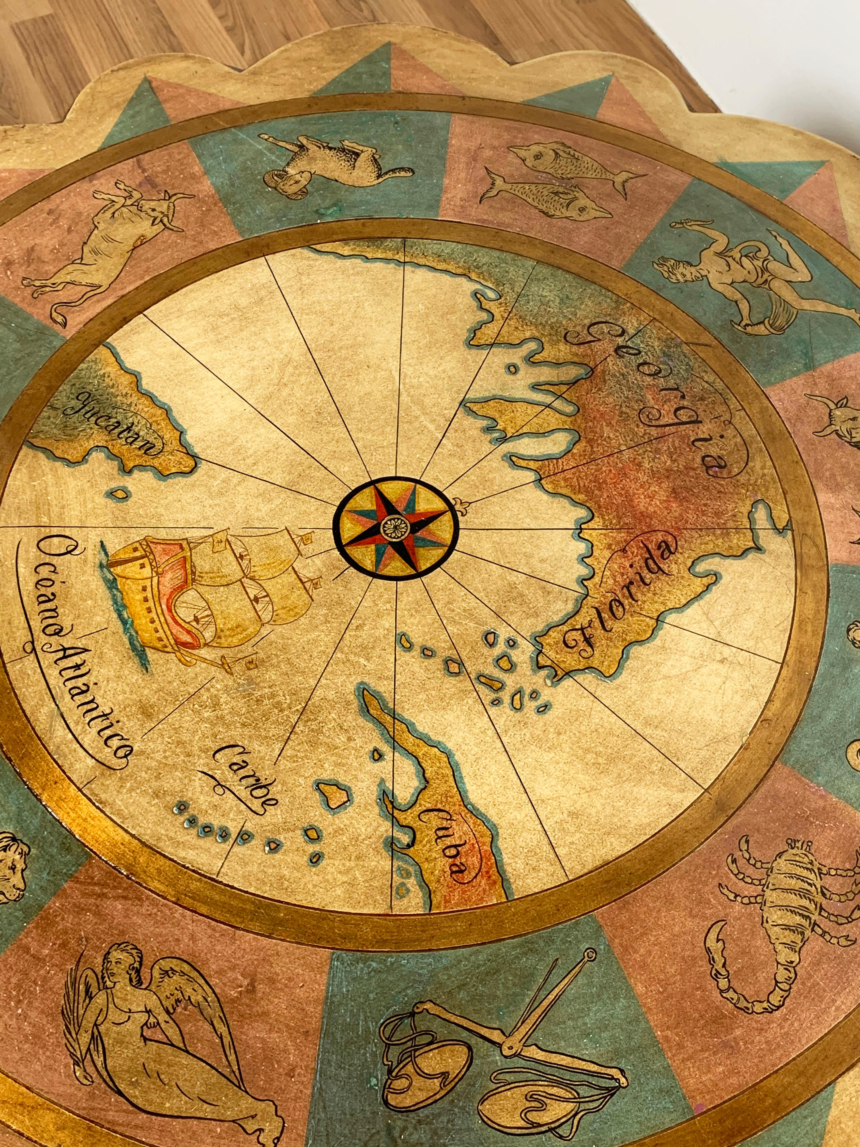 Hollywood Regency Zodiac Themed Coffee Table on Gilt Metal Base, Circa 1960s In Good Condition In Peabody, MA