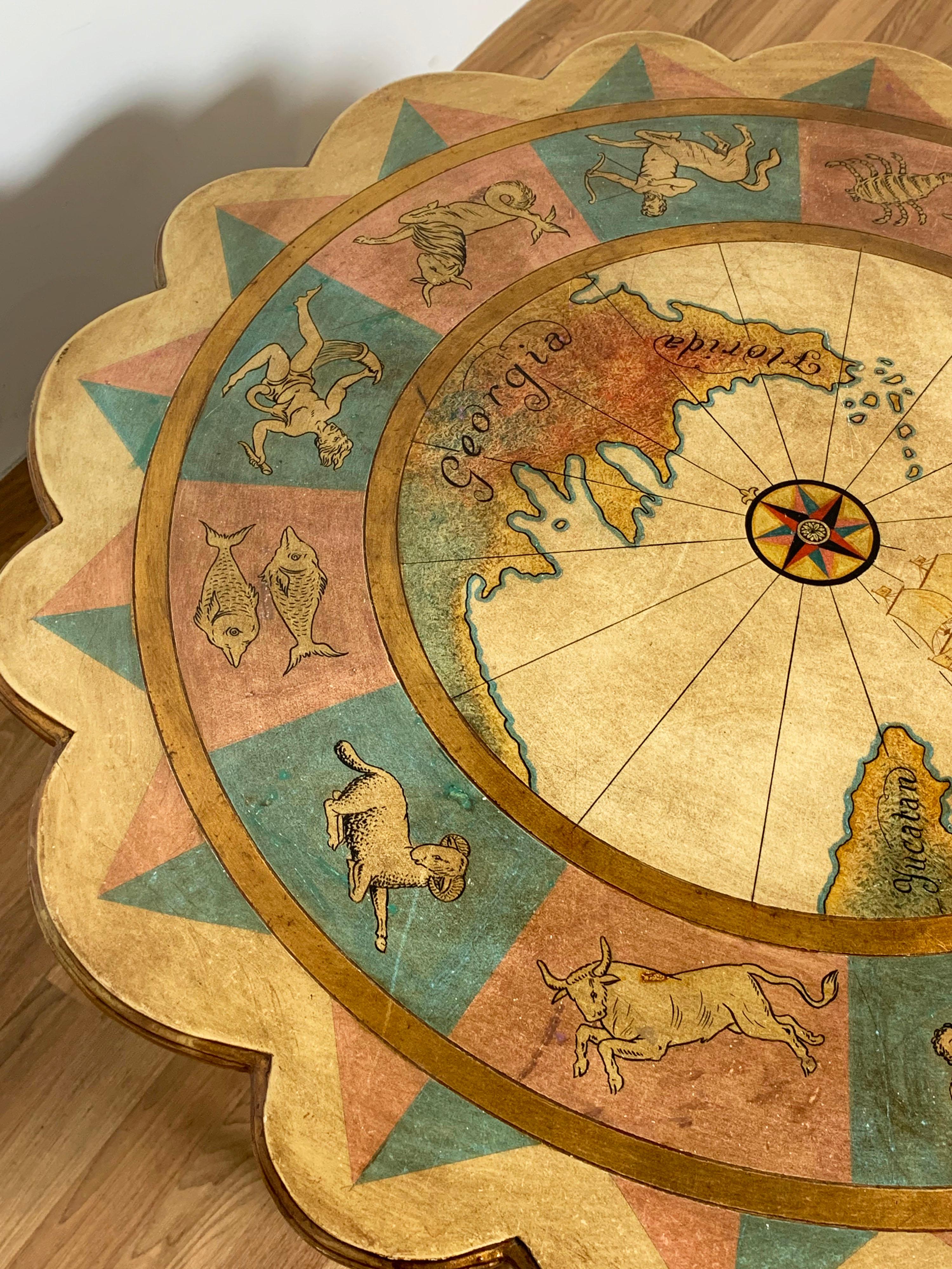 Mid-20th Century Hollywood Regency Zodiac Themed Coffee Table on Gilt Metal Base, Circa 1960s