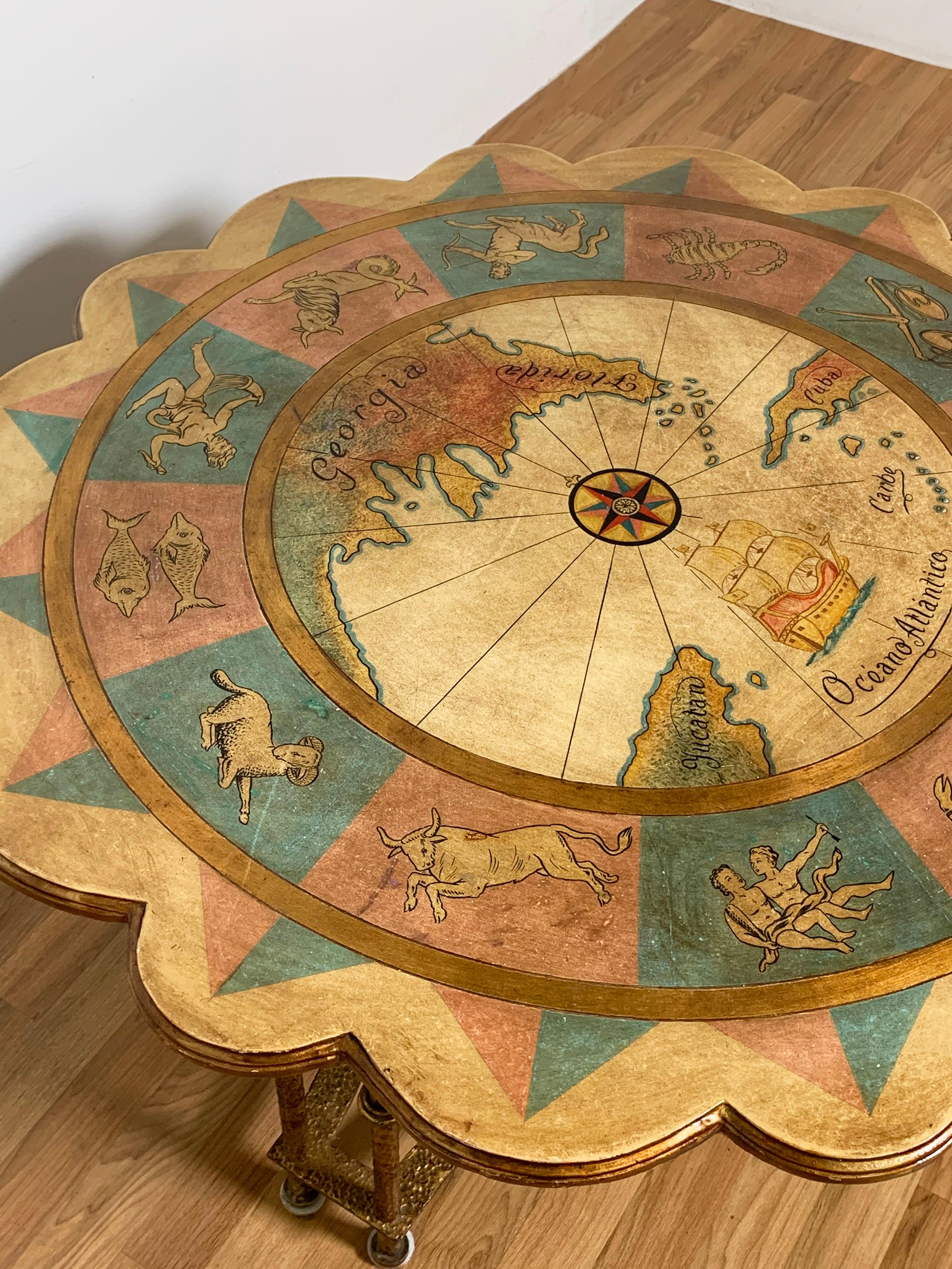 Wood Hollywood Regency Zodiac Themed Coffee Table on Gilt Metal Base, Circa 1960s