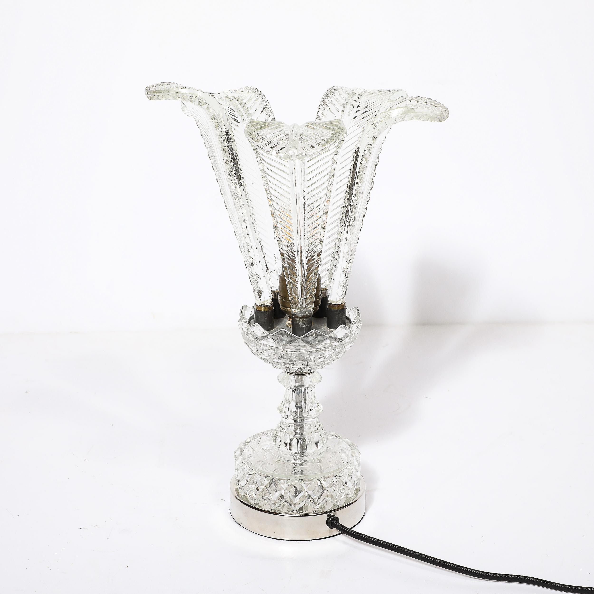 Hollywood Style Cut & Pressed Murano Glass Leaf Form Table Lamp W/ Etched Detail For Sale 4