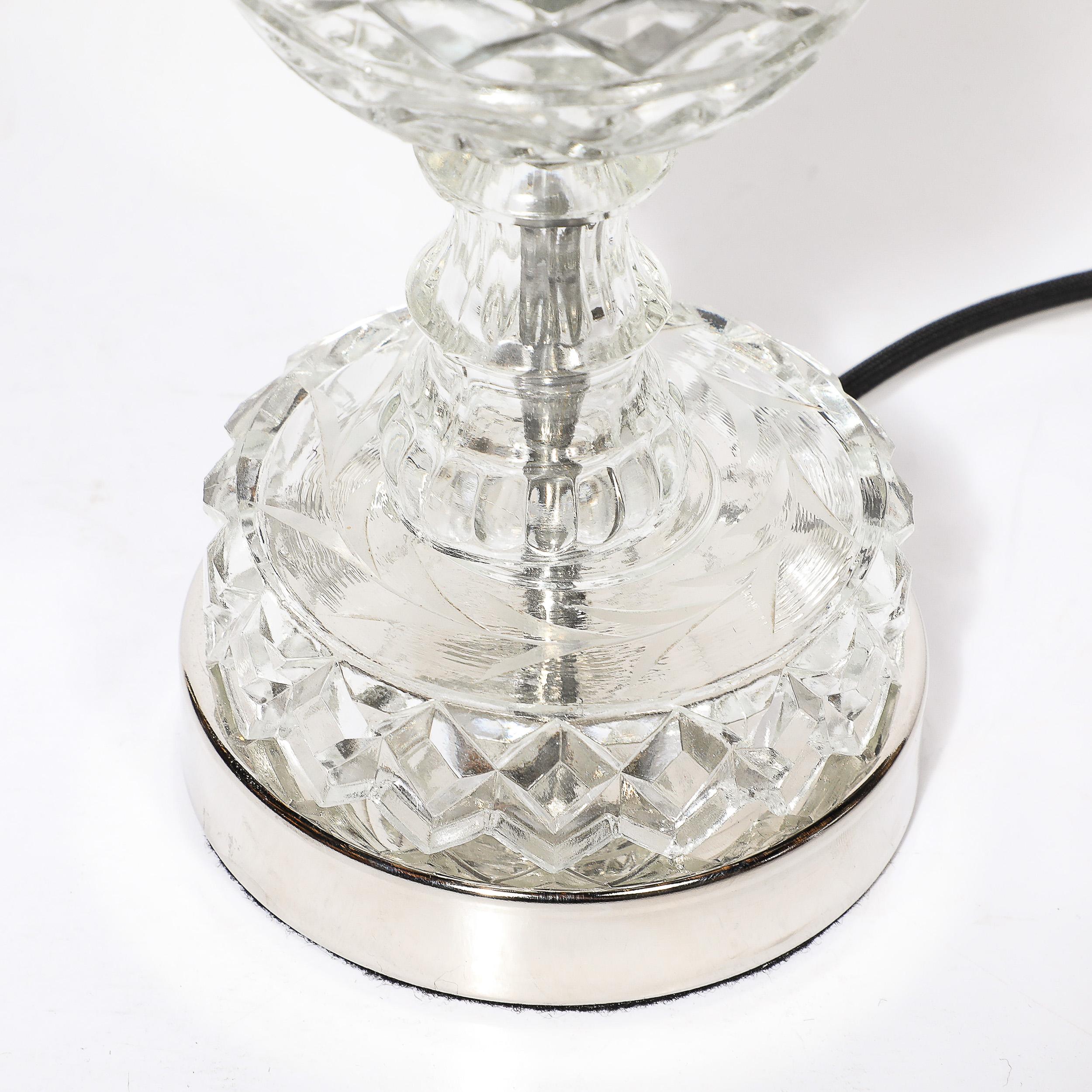 Hollywood Style Cut & Pressed Murano Glass Leaf Form Table Lamp W/ Etched Detail For Sale 5