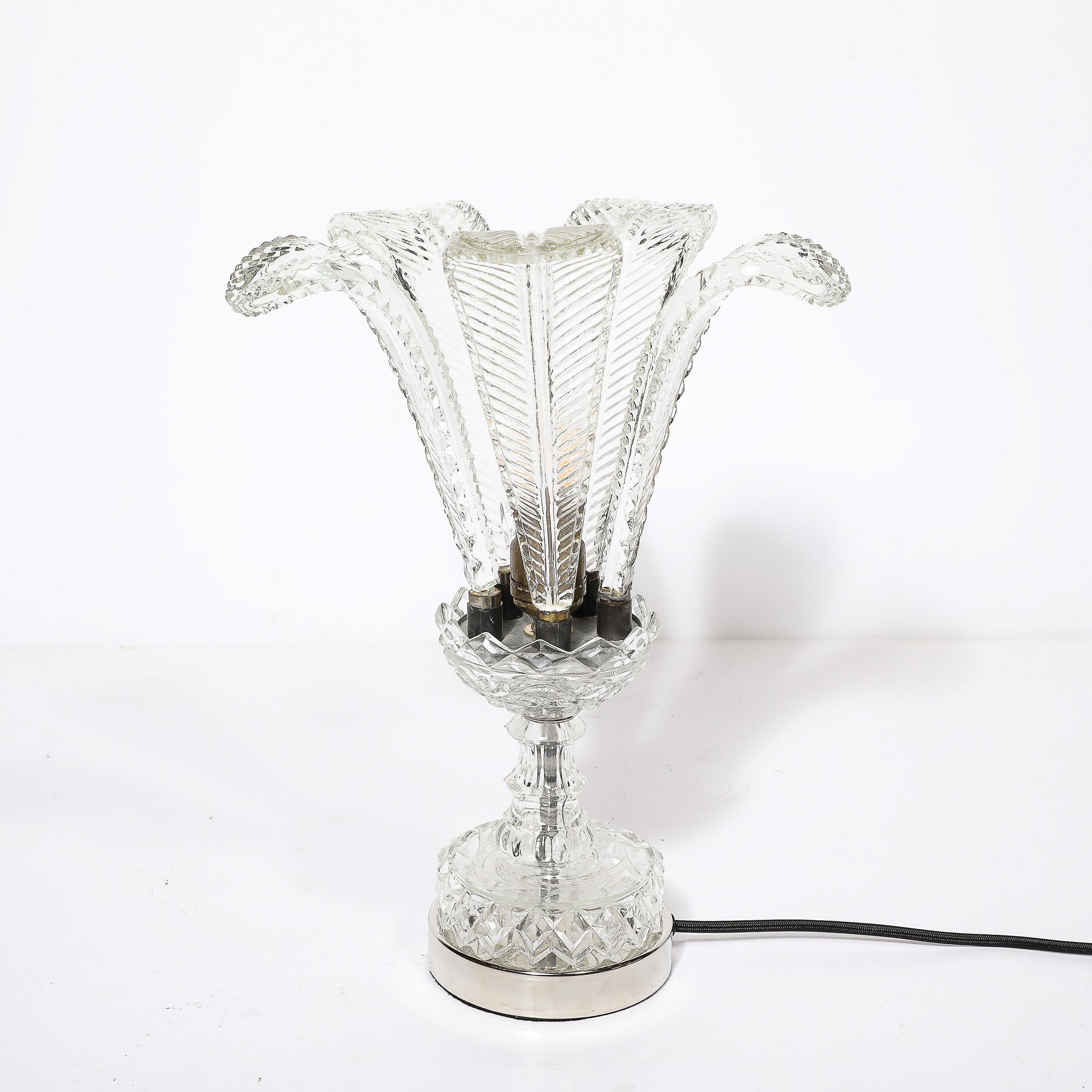 Hollywood Style Cut & Pressed Murano Glass Leaf Form Table Lamp W/ Etched Detail For Sale 6
