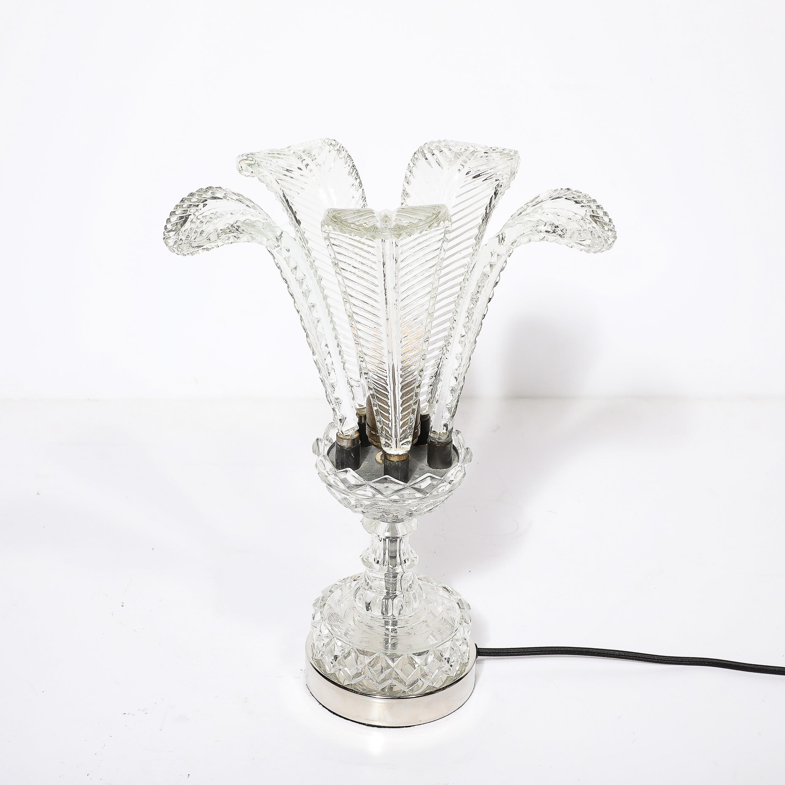 Hollywood Style Cut & Pressed Murano Glass Leaf Form Table Lamp W/ Etched Detail For Sale 7