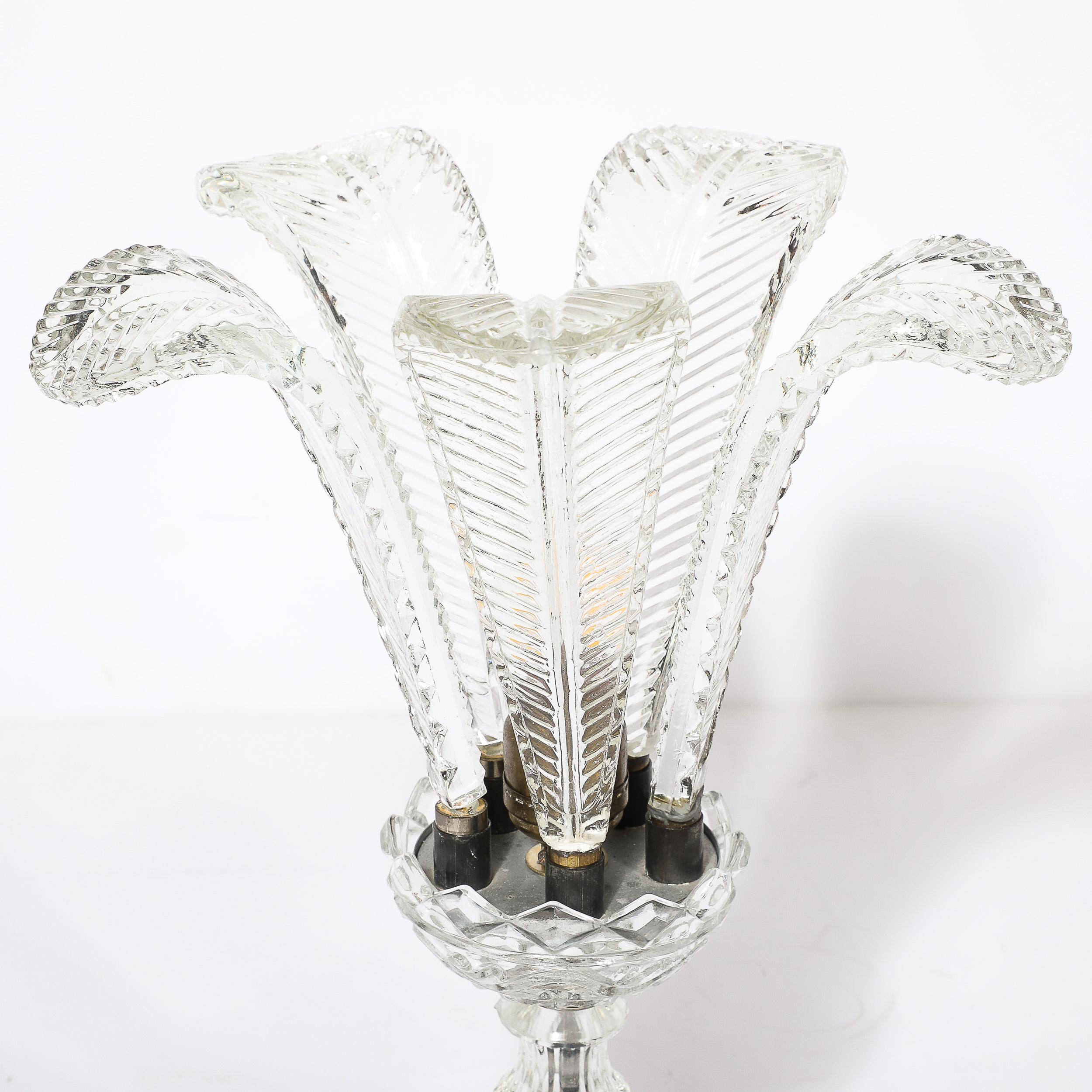 Hollywood Style Cut & Pressed Murano Glass Leaf Form Table Lamp W/ Etched Detail For Sale 8
