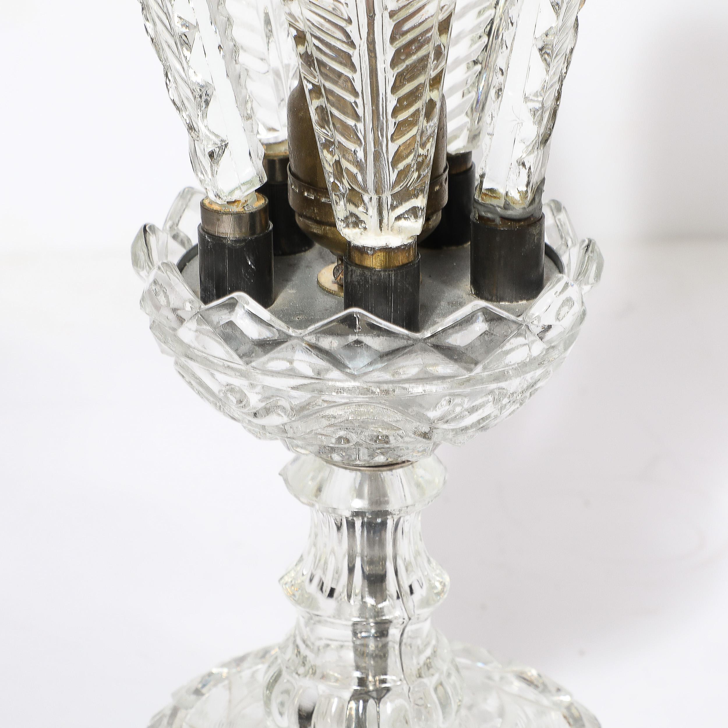 Hollywood Style Cut & Pressed Murano Glass Leaf Form Table Lamp W/ Etched Detail For Sale 11