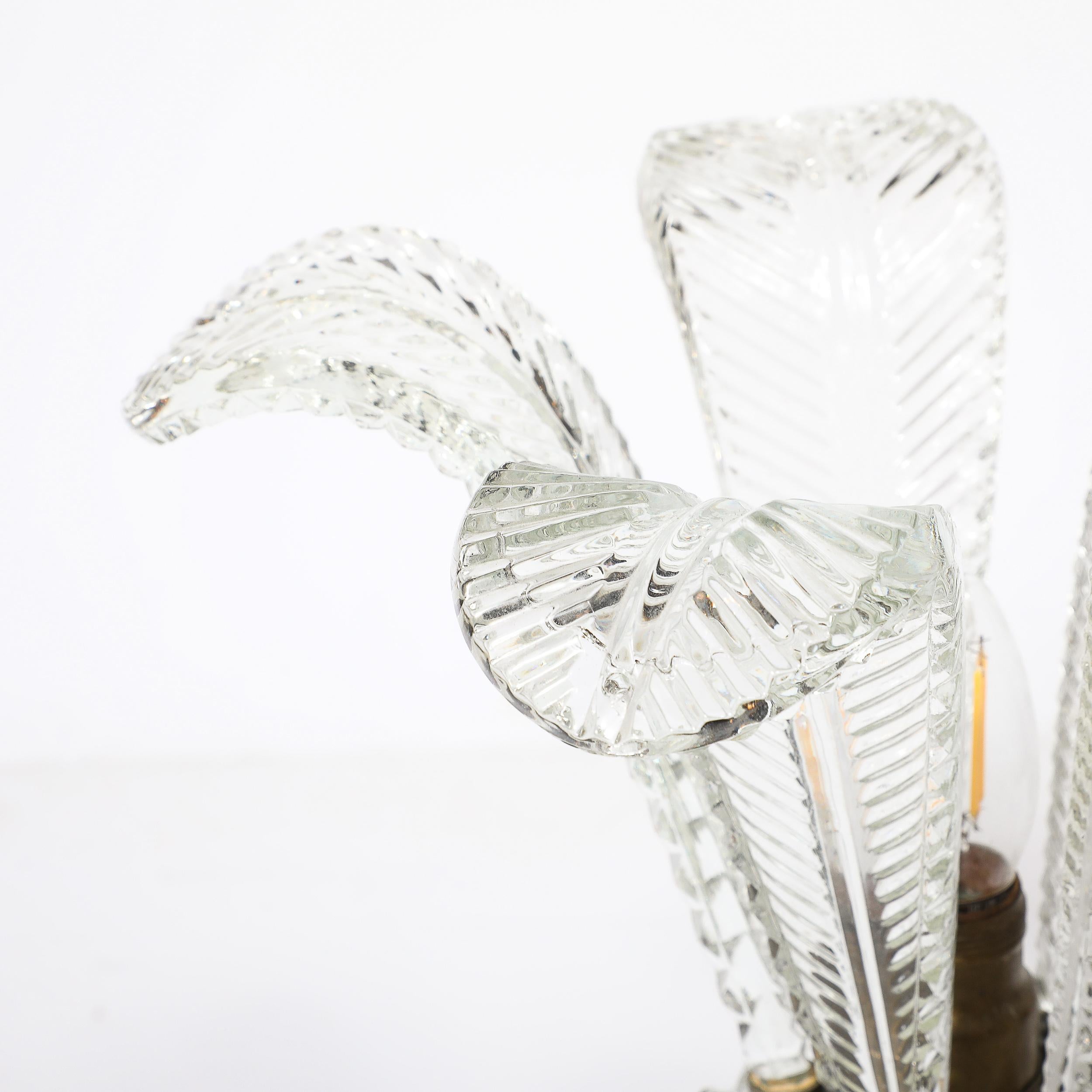 Hollywood Style Cut & Pressed Murano Glass Leaf Form Table Lamp W/ Etched Detail For Sale 13