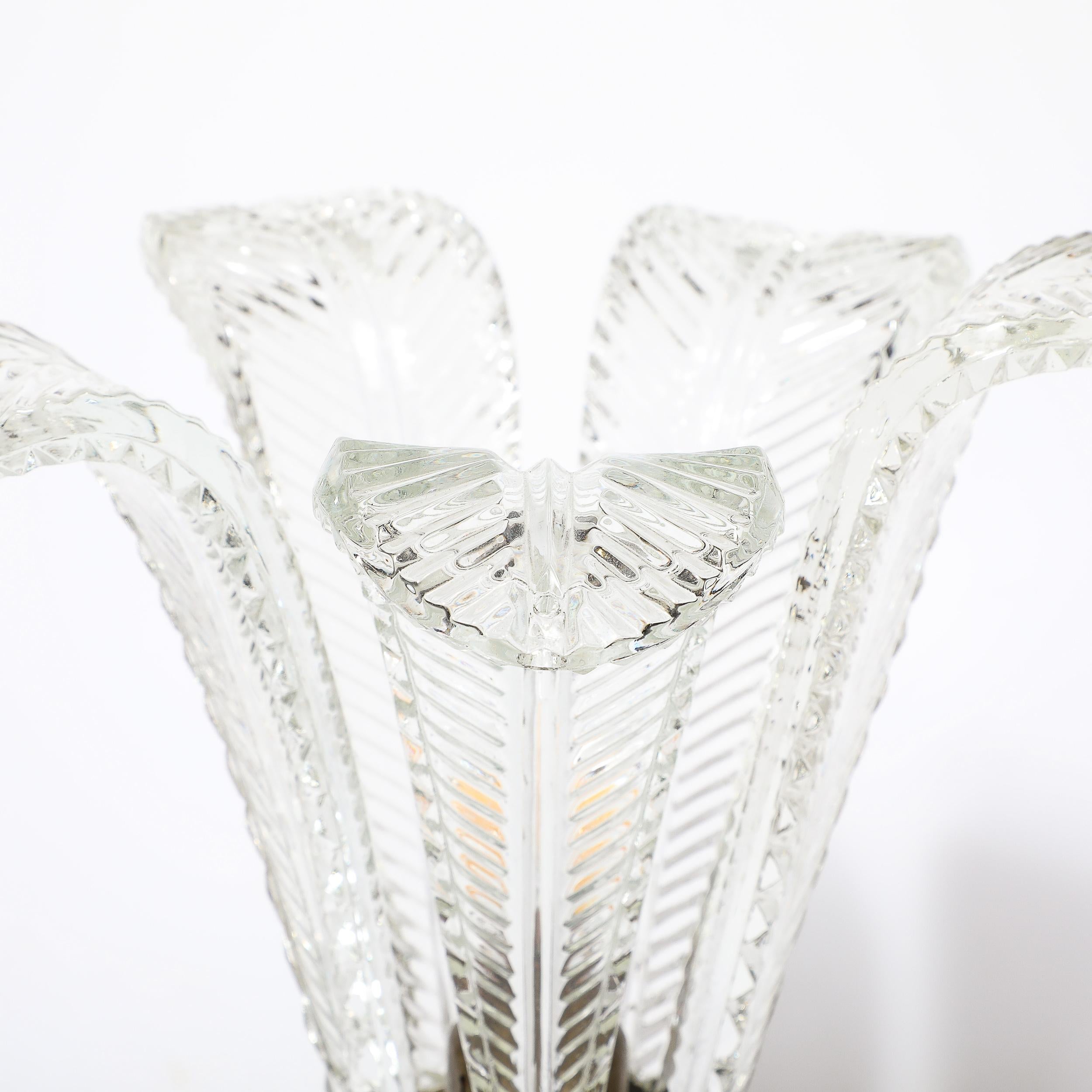 Add a touch of vintage glamour to your space with the Hollywood Style Cut and Pressed  Glass Leaf Form Table Lamp with Etched Detailing, crafted in America  Circa 1940. This exquisite lamp is a testament to the timeless elegance and meticulous