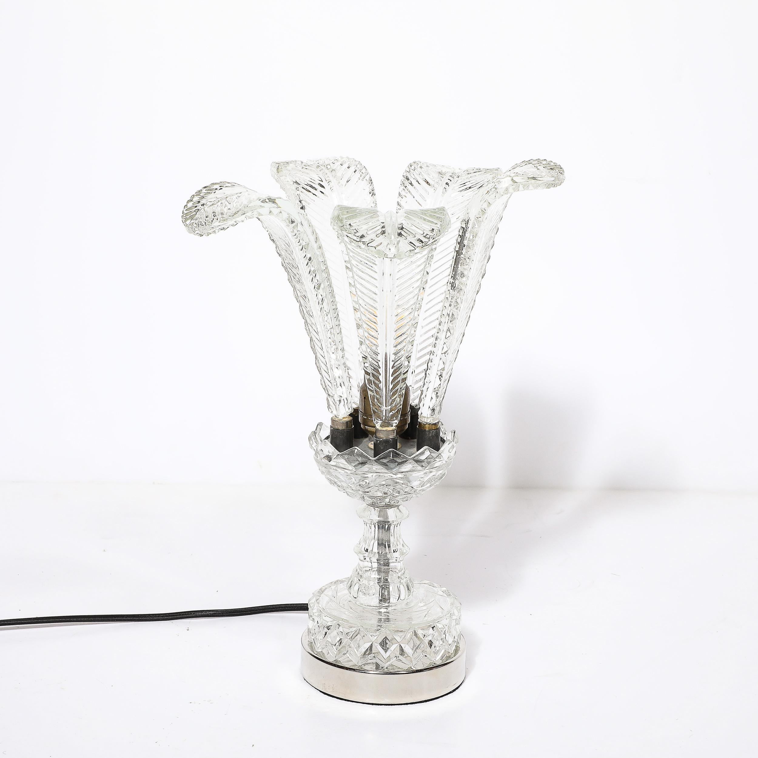 Hollywood Regency Hollywood Style Cut & Pressed Murano Glass Leaf Form Table Lamp W/ Etched Detail For Sale