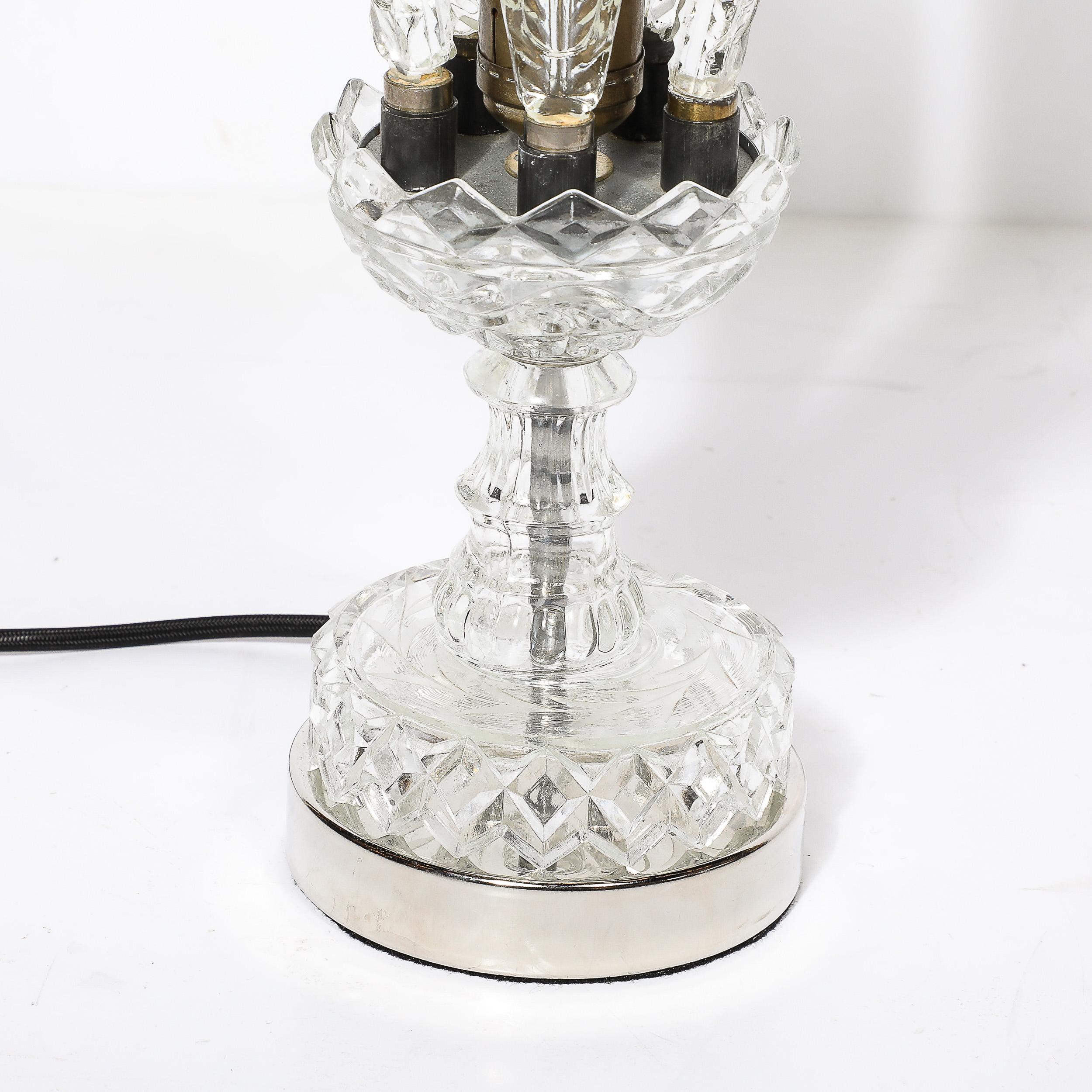North American Hollywood Style Cut & Pressed Murano Glass Leaf Form Table Lamp W/ Etched Detail For Sale